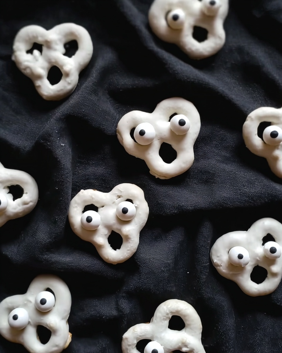 The image shows several small white pretzel-shaped snacks with two round white eyes topped with smaller black dots as pupils, and an open round mouth, making them look surprised or scared. These pretzels are placed randomly on a black cloth that has soft folds and creases, creating a dark textured background. Each pretzel has a smooth, glossy surface with slight surface imperfections that add to their handmade look. The black and white contrast between the snack and the background makes the faces very clear and eye-catching. photo taken with an iphone --ar 4:5 --v 7