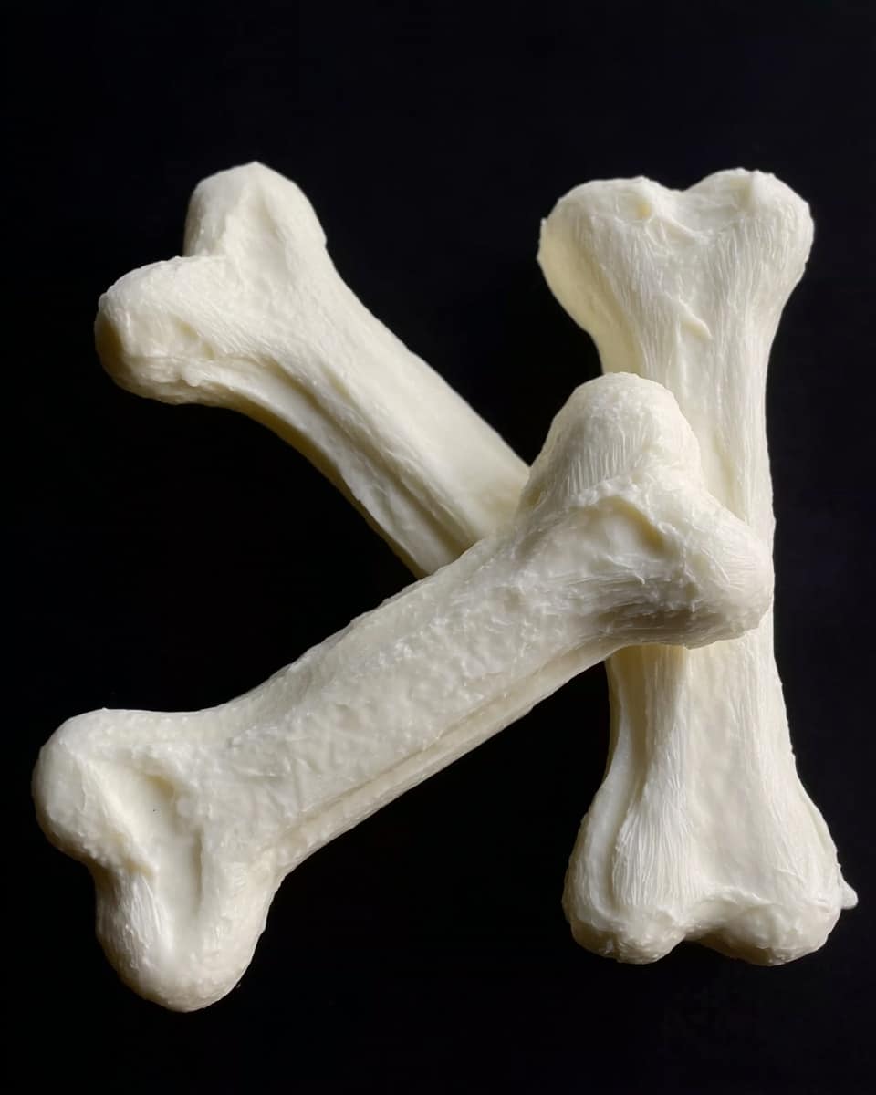 The image shows four white bones made of wax or a similar material arranged on a black background. Three bones are placed vertically, standing close together, while the fourth bone lies horizontally on top of the center bone, creating a shape like a hashtag (#). The bones have detailed textures with visible grooves and rounded ends, giving them a realistic look. The photo taken with an iphone --ar 4:5 --v 7