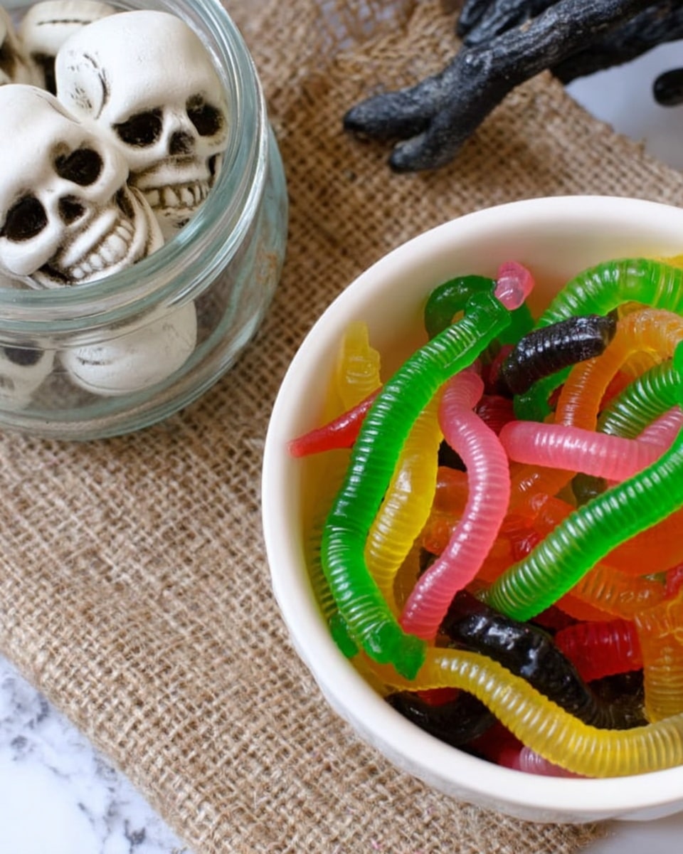 The image shows a clear glass bowl filled with several small white skulls resting on a layer of white spider web decoration. Around the skulls, colorful gummy worms in green, orange, yellow, pink, and red are hanging over the edges of the bowl, making it look playful and spooky. Next to it, there is a white cup filled with more bright gummy worms standing up, showing their shiny, smooth texture. The background is a white marbled surface with a piece of beige burlap underneath the bowls, creating a rough contrast with the smooth and soft candies. Photo taken with an iphone --ar 4:5 --v 7