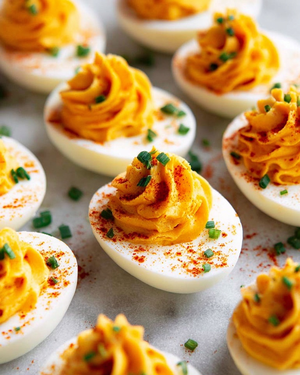 Creamy Devilled Eggs with Spicy Hot Sauce Garnish Recipe - Recipe Image