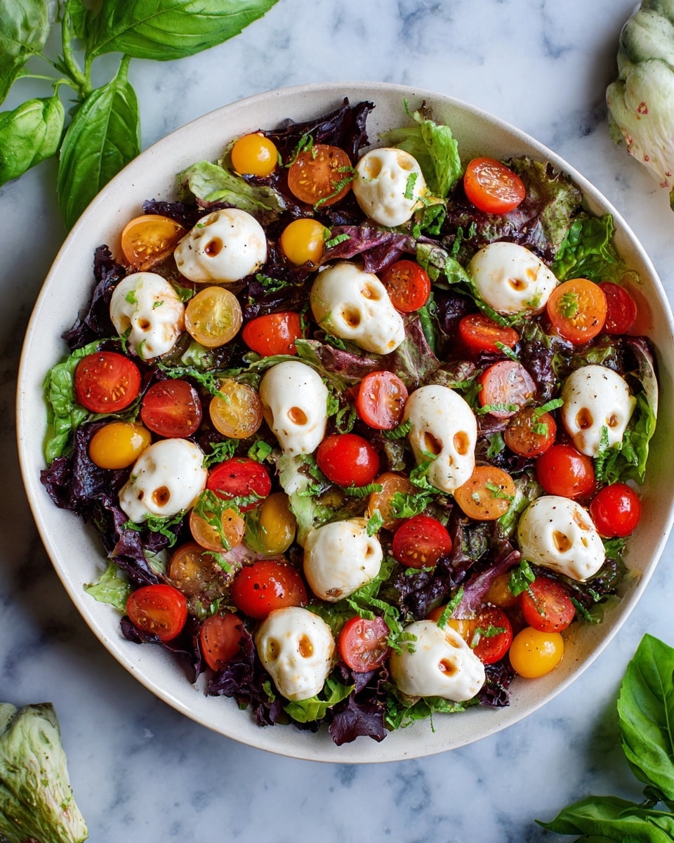 A white bowl filled with a fresh salad sits on a white marbled surface. The bottom layer is a mix of green leafy vegetables, topped with halved cherry tomatoes in red, yellow, and dark purple colors spread evenly over the greens. Scattered on top are small white mozzarella balls shaped like skulls with dark brown spots giving a toasted look. Finely chopped green herbs are sprinkled across the salad, and a light drizzle of balsamic glaze adds a shiny, dark touch on the mozzarella and tomatoes. Photo taken with an iphone --ar 4:5 --v 7