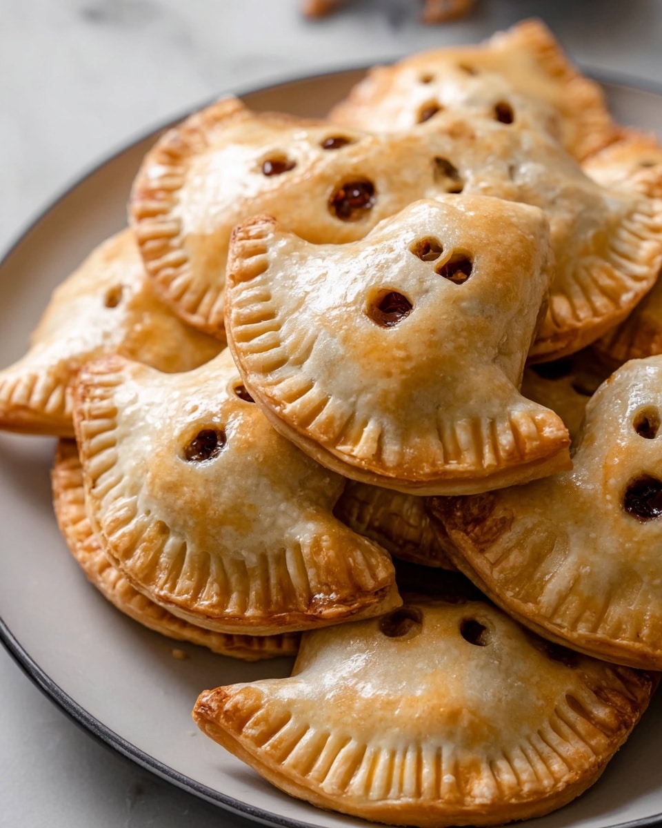 A stack of small ghost-shaped hand pies with a golden-brown, flaky crust arranged closely on a white plate. Each pie has a round cut-out near the top center revealing a dark filling inside, and the edges are pressed with fork marks to seal the crust. The pies have small rounded arms and subtle facial features created by the dough shape, giving a playful ghost look. The scene sits on a white marbled surface beneath the plate. photo taken with an iphone --ar 4:5 --v 7