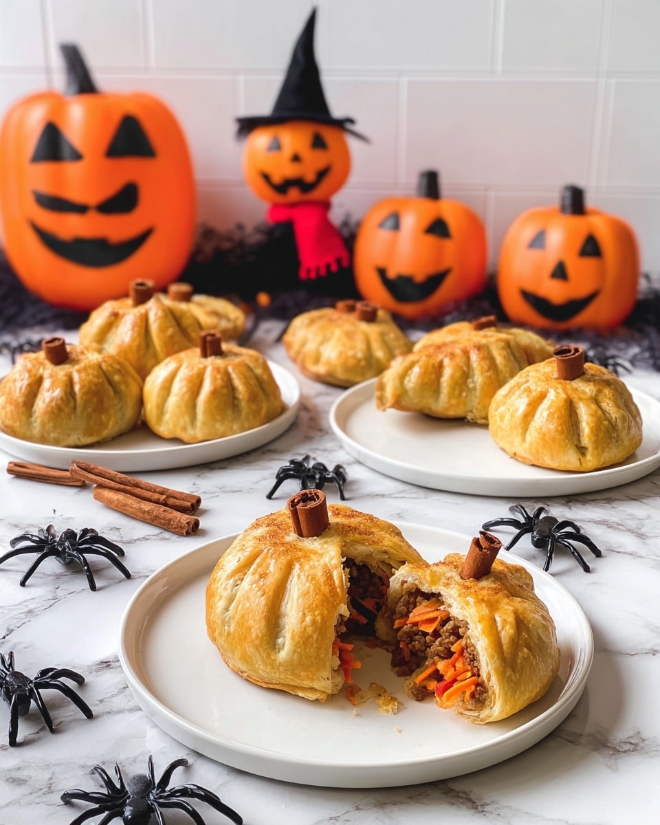 The image shows several small pumpkin-shaped pastries on white plates arranged on a white marbled surface. Each pastry has a golden-brown crust with ridges to look like a pumpkin, topped with a small cinnamon stick as the stem. The front pastry is cut open, revealing layers inside with orange carrots, red sauce, shredded cheese, and browned meat. Around the plates, there are bright orange decorative pumpkins and black plastic spiders scattered. In the background, there is a small orange Halloween figure with a pumpkin head wearing a black witch hat and a red scarf standing between two white plates holding more pumpkin pastries. The scene is bright and festive with a Halloween theme, photo taken with an iphone --ar 4:5 --v 7