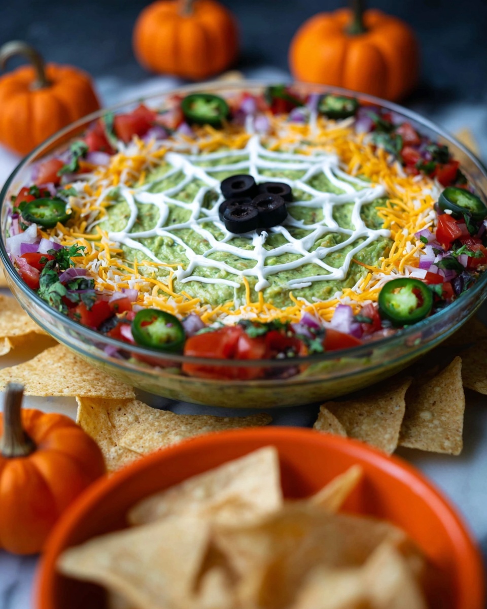 A clear glass bowl holds a layer of green guacamole in the center with a white sour cream design shaped like a spider web on top. At the very center of the guacamole are sliced black olives. Surrounding the guacamole is a ring of shredded yellow and white cheese. Outside the cheese layer, there is a colorful mix of diced red tomatoes, chopped purple onions, green jalapeño slices, and small green herbs evenly spread around the edge of the bowl. In the foreground, there is a blurry orange bowl filled with tan tortilla chips. The scene includes small, bright orange decorative pumpkins on a white marbled surface in the background. Photo taken with an iphone --ar 4:5 --v 7