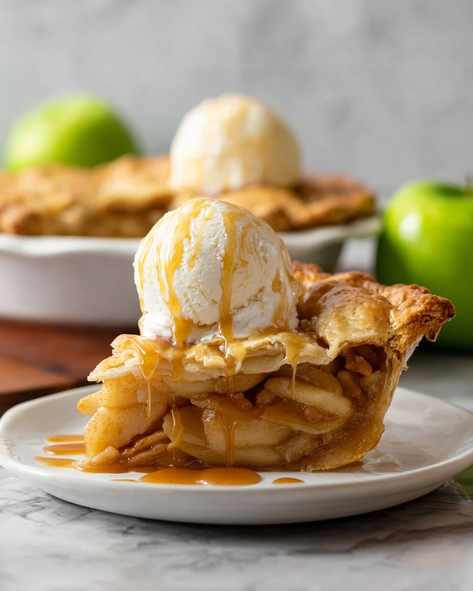 A close-up of a slice of apple pie on a white plate, showing three visible layers: a golden brown flaky crust on top, a thick middle layer of soft cooked apple slices in a glossy syrup, and a firm crust base. On top of the pie slice is a scoop of creamy white vanilla ice cream with caramel sauce slowly dripping down the sides. Behind the slice, a white pie dish holds the rest of the pie topped with two more vanilla ice cream scoops. The background has two green apples and a white marbled texture surface under the plate. Photo taken with an iphone --ar 4:5 --v 7
