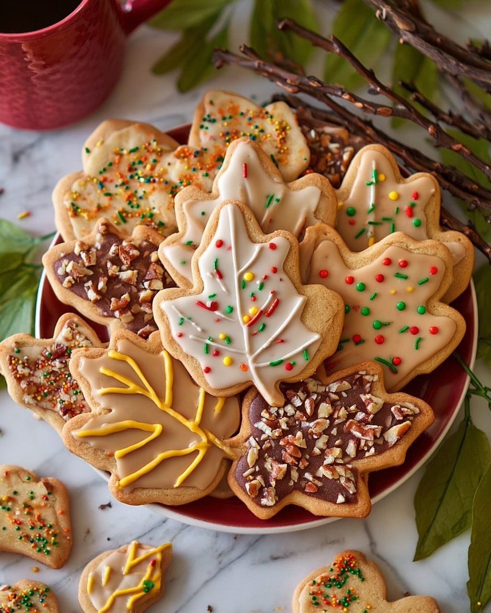 The image shows several leaf-shaped cookies arranged on a dark wooden surface. Each cookie has a base layer of light golden-brown baked dough. On top, there is a smooth caramel-colored icing layer evenly spread. This layer is decorated with small details: some cookies have tiny colorful round sprinkles in red, green, orange, and yellow, others have chopped light brown nuts scattered on the icing, and a few are topped with short, colorful rod-shaped sprinkles in red, orange, yellow, and green. The cookies appear soft and slightly thick with defined leaf edges. photo taken with an iphone --ar 4:5 --v 7