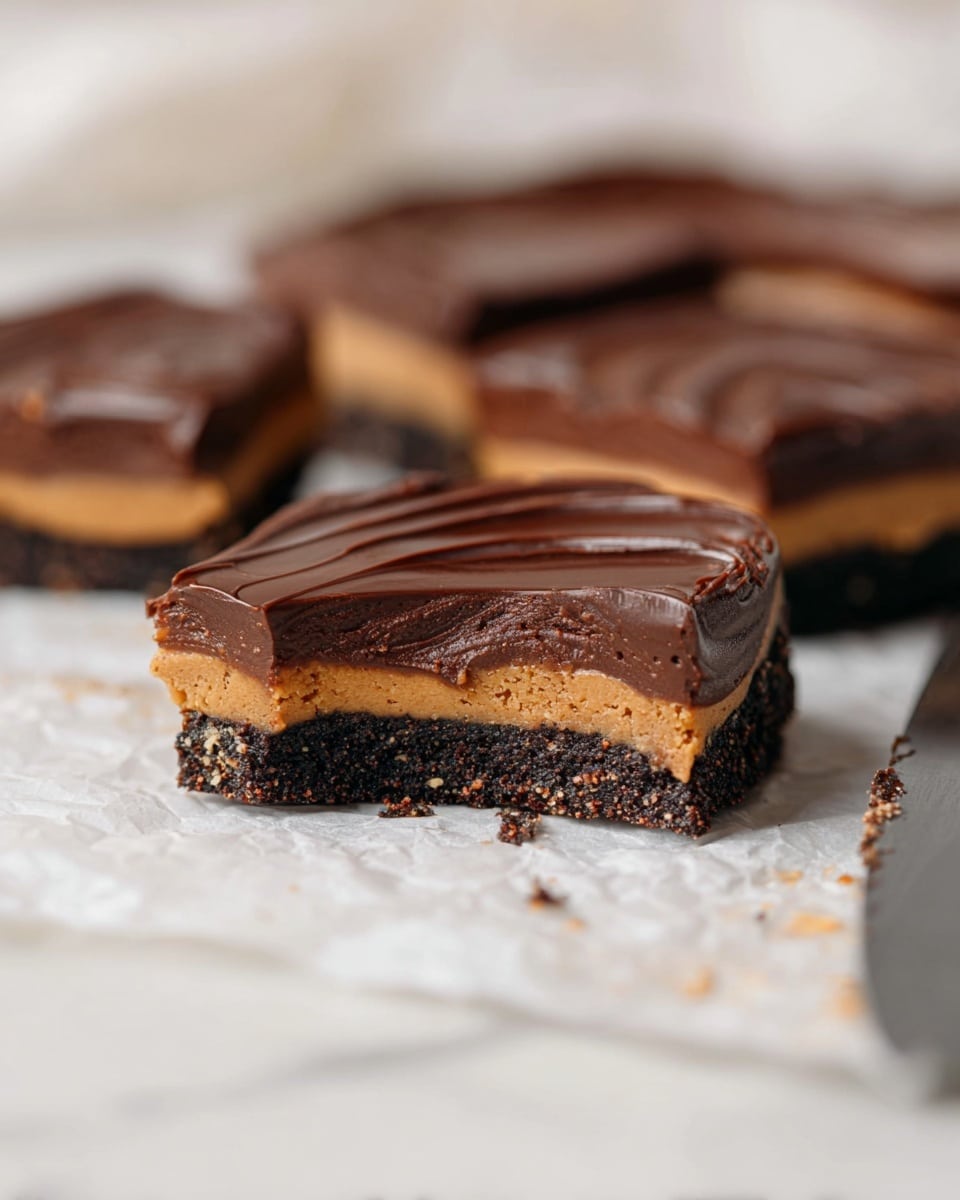 The image shows a close-up of a sliced chocolate dessert with three visible layers. The bottom layer is a dark, crumbly chocolate base with a slightly rough texture. On top of that is a thin, smooth peanut butter-colored middle layer, followed by a glossy, thick dark chocolate layer on top with a shiny finish and gentle swirls. The dessert slice rests on a crinkled white paper placed on a white marbled surface, with more slices blurred in the background and a knife partially visible on the right side. photo taken with an iphone --ar 4:5 --v 7