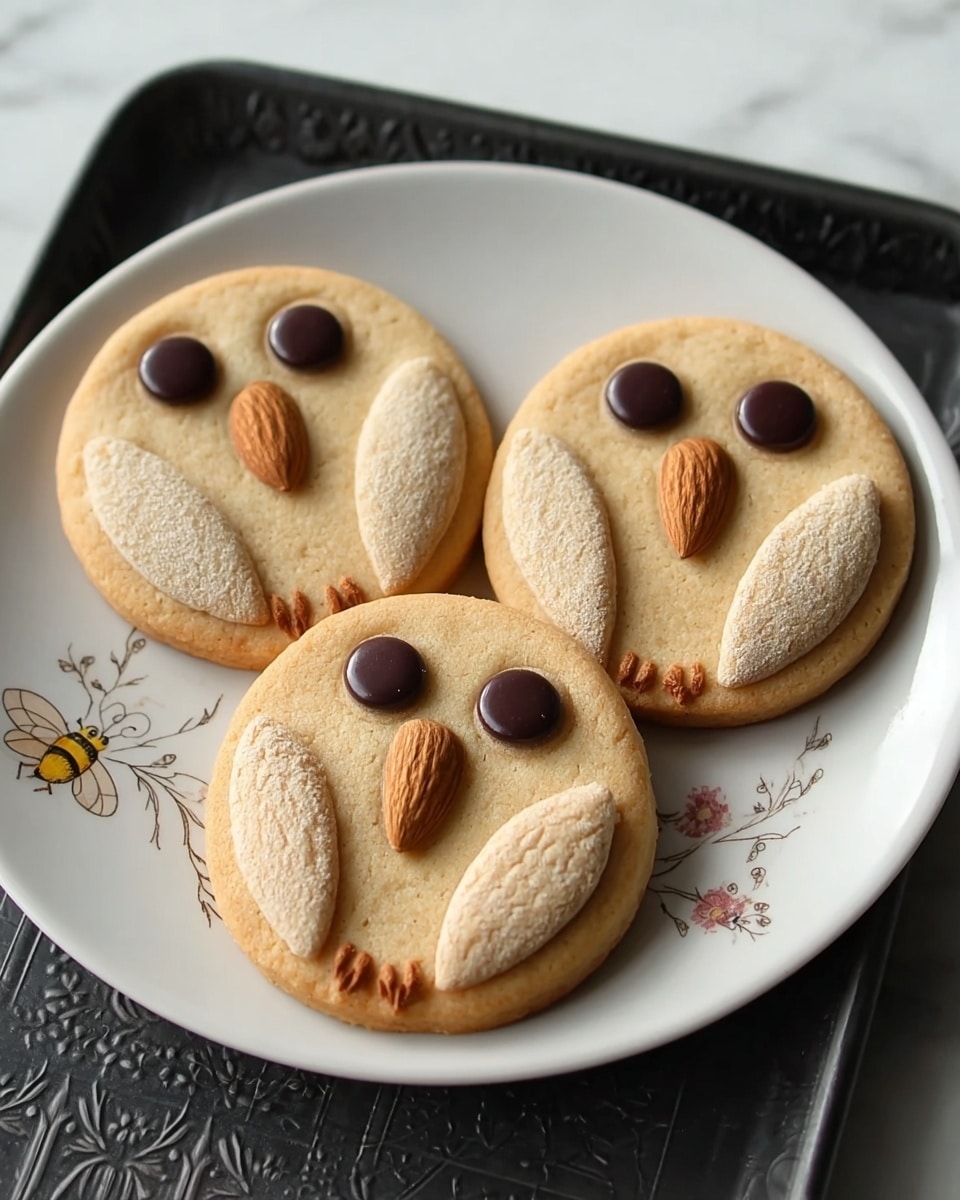 Three round cookies shaped like owls rest on a white plate with a faint floral and bee design. Each cookie has two layers: a light golden-brown base and a lighter top part forming the owl’s face and wings. The owl’s eyes are made from two dark chocolate candies, placed on top of small raised circles, and the noses are whole brown almonds positioned vertically in the center of the faces. The bottom edge of each cookie is textured with three small indentations to resemble talons. The plate sits on a black tray with a decorative pattern, which is on a white marbled surface. photo taken with an iphone --ar 4:5 --v 7