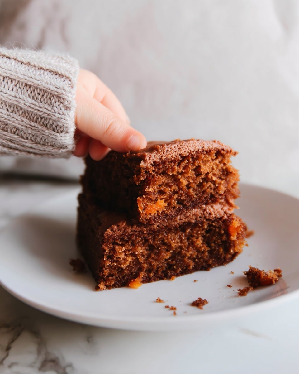 Two pieces of brown cake with a soft, crumbly texture sit on a white plate. The top piece is being lifted by a woman's hand wearing a light gray knit sleeve. The cake layers show a mix of darker and lighter shades of brown with small orange spots inside. Some cake crumbs are scattered around on the plate. The background has a white marbled texture. photo taken with an iphone --ar 4:5 --v 7