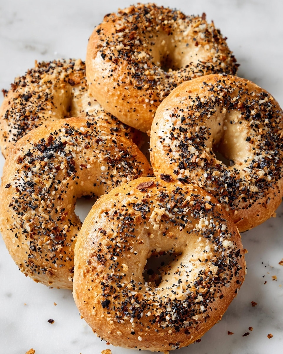 Four golden brown bagels topped with a mix of white sesame seeds, black sesame seeds, and small bits of dried onion and garlic are placed evenly on a metal cooling rack. Each bagel has a smooth, slightly shiny surface with a soft, fluffy texture visible around the holes in the center. The background beneath the rack shows a white marbled texture. The light shines gently on the bagels, highlighting their warm colors and the detail of the toppings. photo taken with an iphone --ar 4:5 --v 7