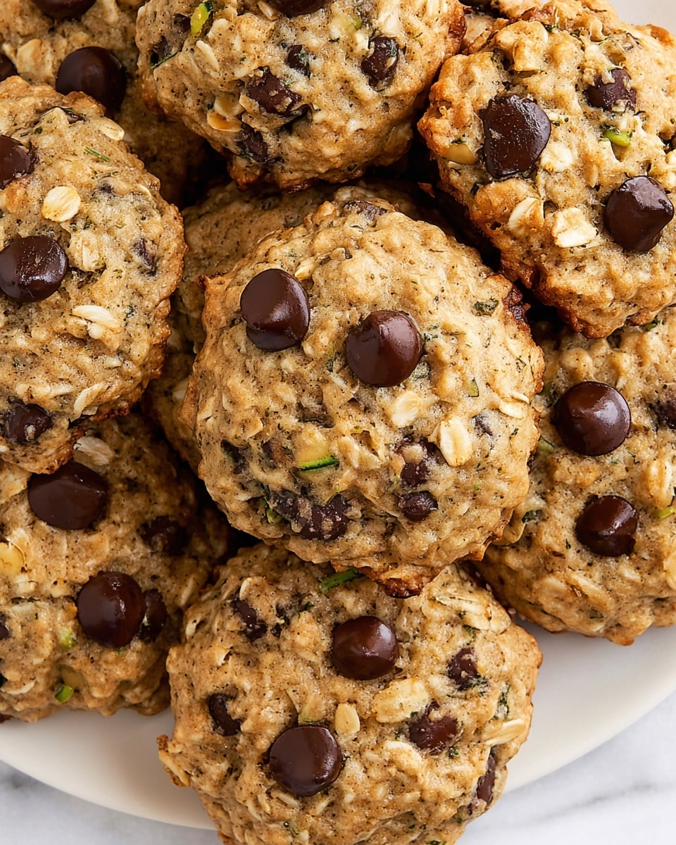 The image shows several oatmeal cookies arranged loosely on a white marbled surface. Each cookie is thick and round with a rough, slightly bumpy texture from oats and small green bits, possibly zucchini or herbs. On top of the cookies, there are a few shiny, dark chocolate chips scattered unevenly, along with some oat flakes resting on the surface. The overall color of the cookies is a warm brown with darker chocolate spots and light green bits adding contrast. Photo taken with an iphone --ar 4:5 --v 7