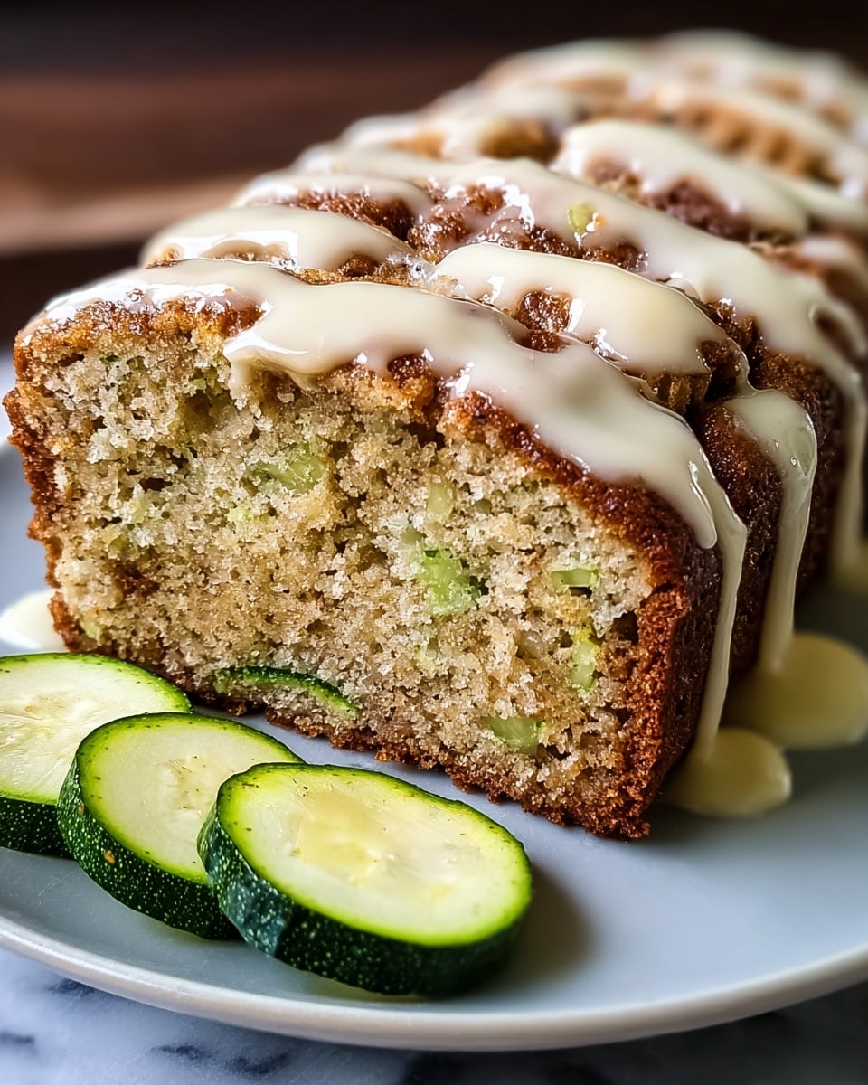 A loaf-shaped cake with two visible layers sits on a white plate over a white marbled surface. The cake's top layer is golden-brown with a textured crust dusted with dark brown powder, and it is covered with smooth light brown icing stripes running diagonally. The inside layer shows a moist crumb with green pieces mixed with light beige cake. A thick slice from the front reveals both layers clearly. On the right side of the plate, three green cucumber slices are neatly placed. Some crumbs and powder are scattered lightly around the cake on the plate. photo taken with an iphone --ar 4:5 --v 7