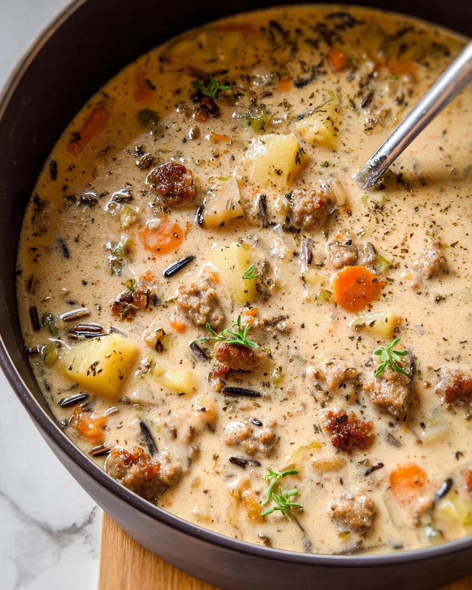 The image shows a thick creamy soup in a dark pot with visible chunks of browned sausage, small pieces of orange carrots, yellow potatoes, and black wild rice scattered throughout the light beige creamy broth. The soup is sprinkled with small green herb leaves and a few cracks of black pepper, adding texture and color contrast. A metal spoon is partially dipped into the soup on the right side, showing the dense and hearty mix inside. The pot sits on a light wooden surface with a white marbled background. photo taken with an iphone --ar 4:5 --v 7