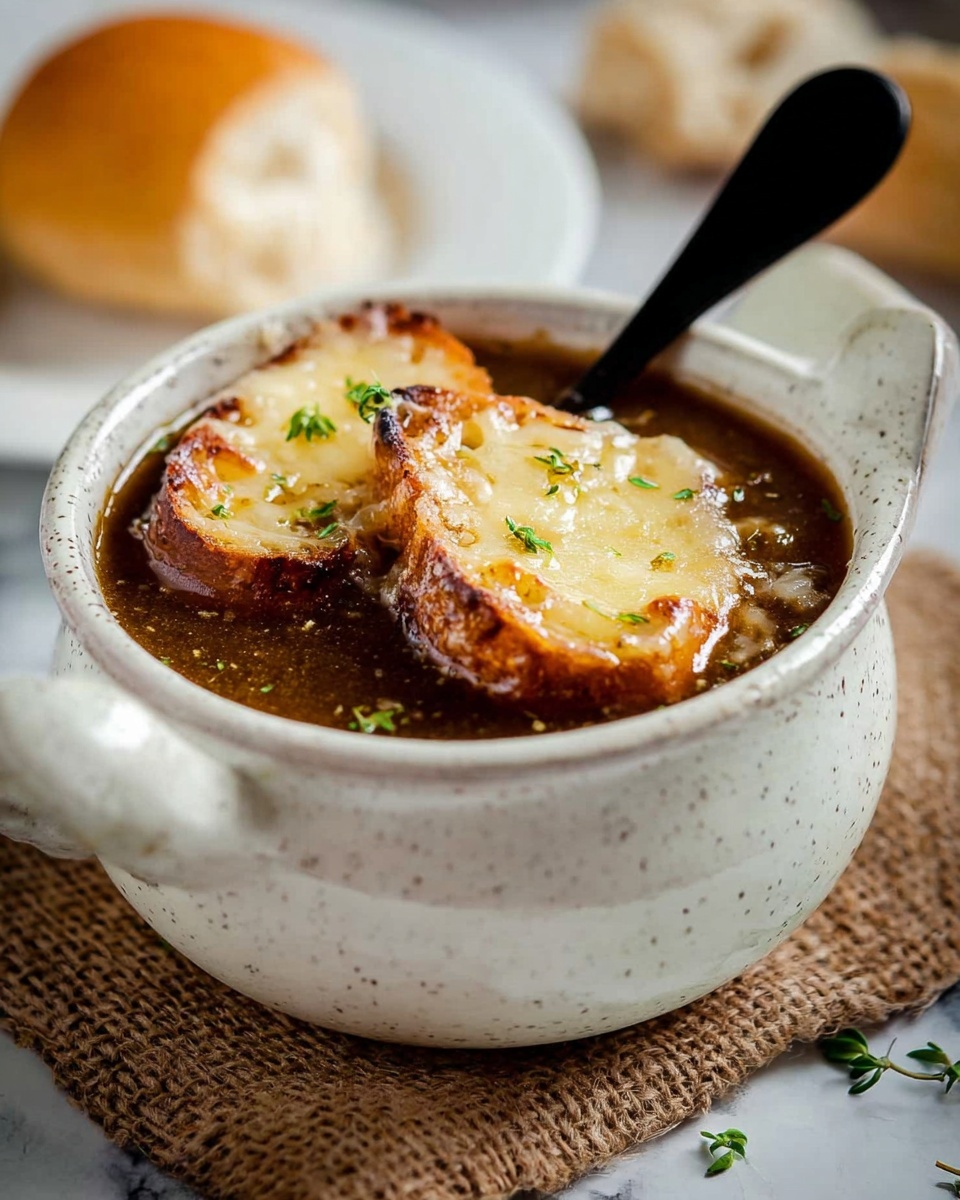 Classic French Onion Soup with Gruyère Cheese and Baguette Toast Recipe - Recipe Image