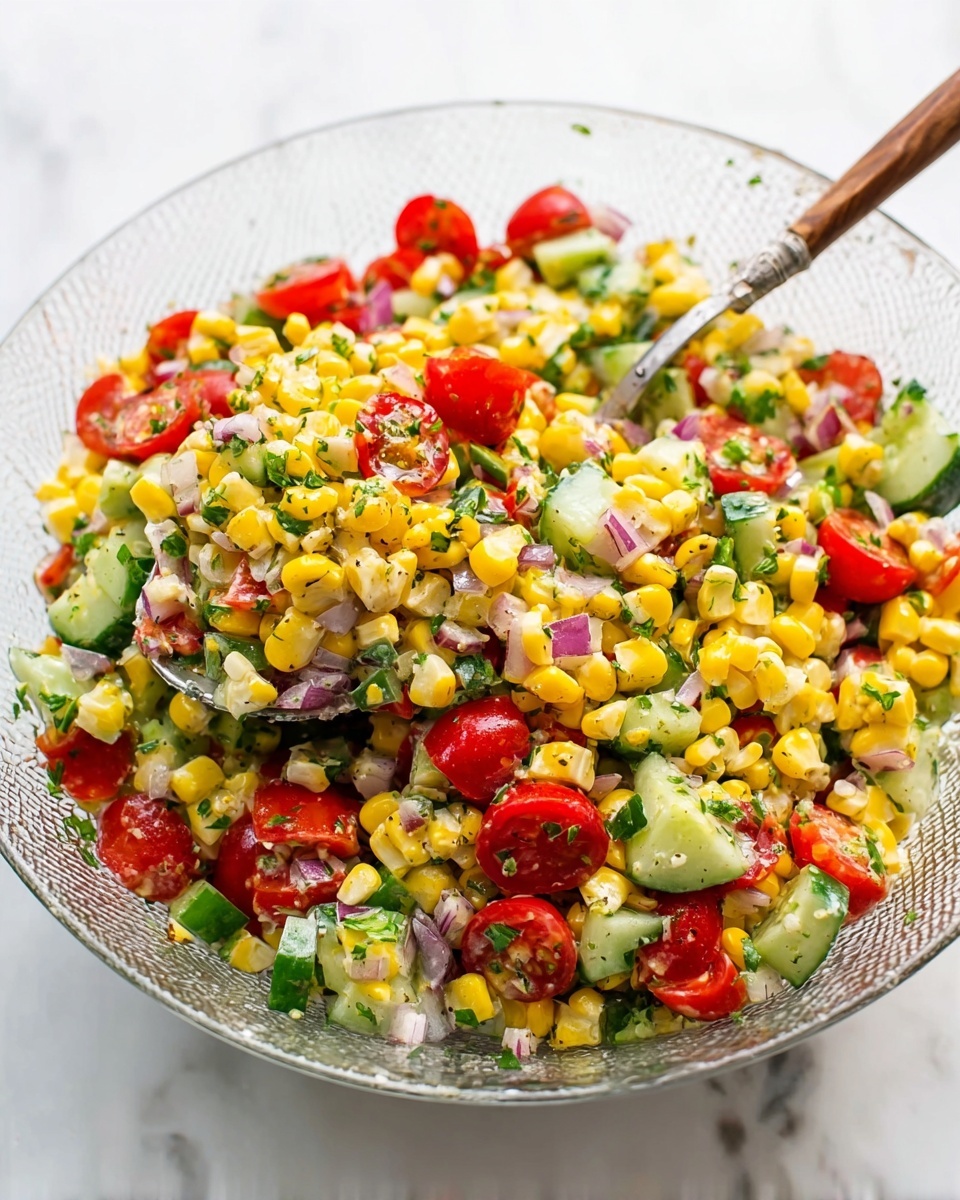 A clear textured glass bowl holds a colorful salad with three main visible layers: the top layer has bright yellow corn kernels scattered all over, the middle layer features red cherry tomatoes cut in halves and small pieces of red bell pepper, and the bottom layer is made up of cucumber slices, small green bell pepper pieces, and finely chopped red onions mixed with green herbs. A silver spoon rests inside the bowl on the right side, partially covered by the salad. The bowl is placed on a white marbled surface. Photo taken with an iphone --ar 4:5 --v 7