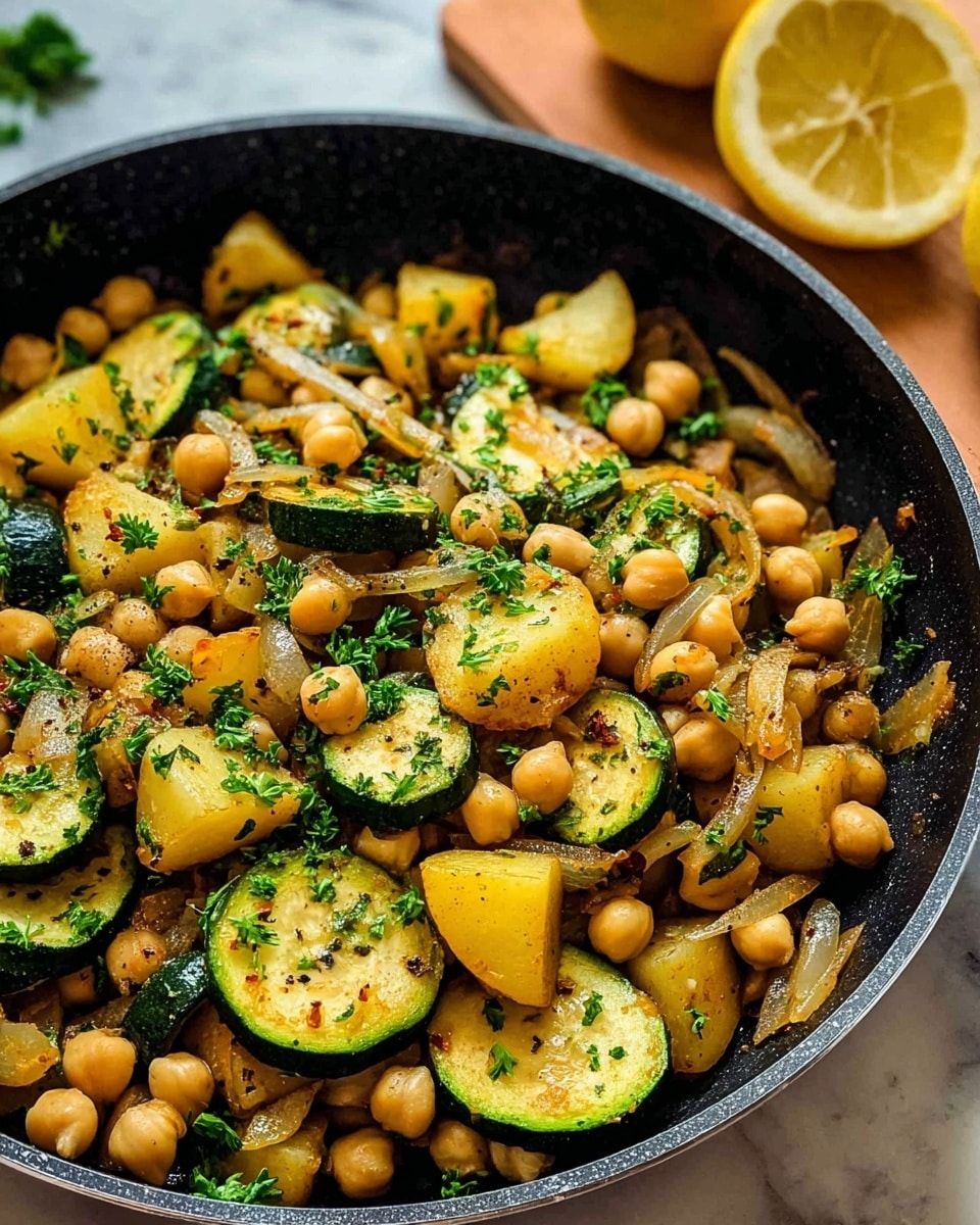 A black pan filled with a colorful mix of cooked sliced zucchini, round chickpeas, and translucent sautéed onions, all mixed with small green herb leaves, on a wooden board with lemon wedges and whole lemon blurred in the background on a white marbled surface. The zucchini pieces have bright green edges and a soft light yellow inside, the chickpeas are light brown and round, and the onions are soft and slightly golden. photo taken with an iphone --ar 4:5 --v 7