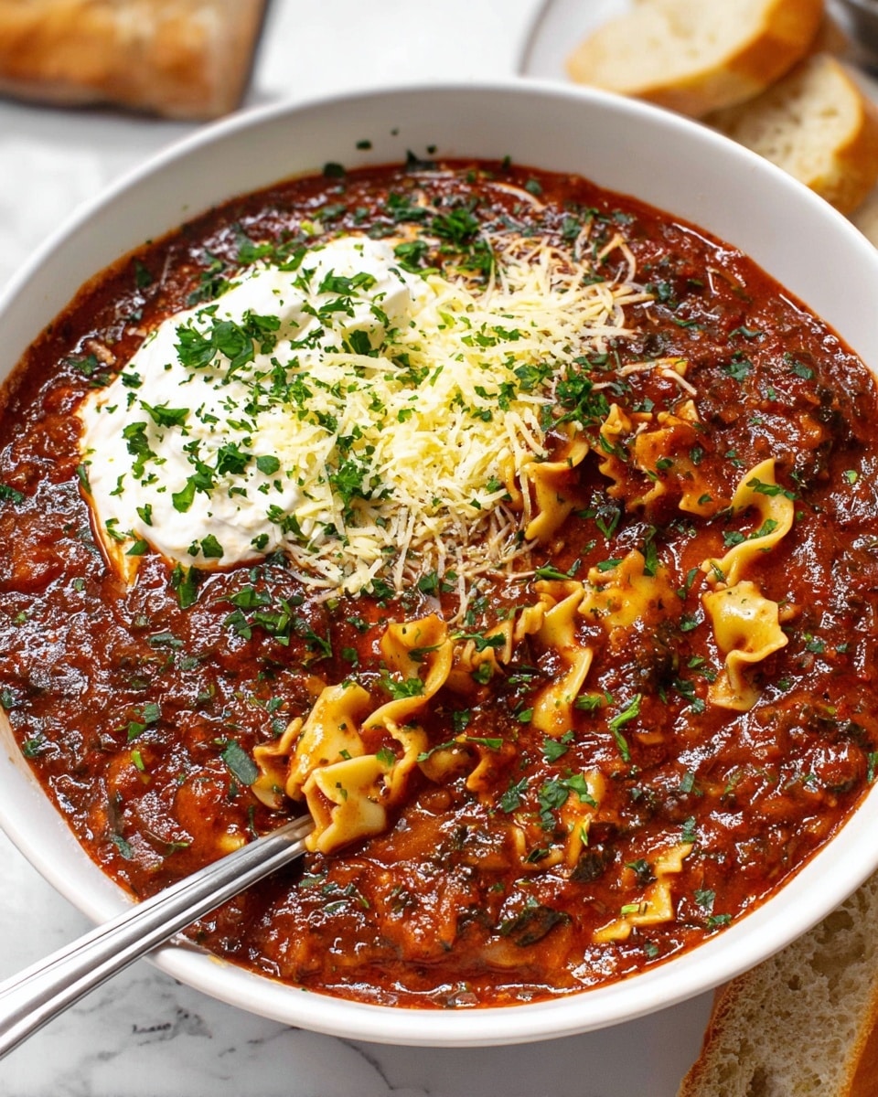 The image shows a white cooking pot filled with a rich lasagna soup, featuring wide, wavy-edged pasta layers fully soaked in a thick, deep red tomato sauce with visible herbs and chunks of vegetables. The soup is topped with a layer of melted cheese that is creamy white and light yellow, slightly bubbly and spread unevenly, with scattered green chopped parsley and a few red pepper flakes adding color contrast on top. A wooden spoon is dipped into the pot, resting on the right side among the pasta and sauce. The pot sits on a white marbled surface with a striped cloth partly visible beneath it. Photo taken with an iphone --ar 4:5 --v 7