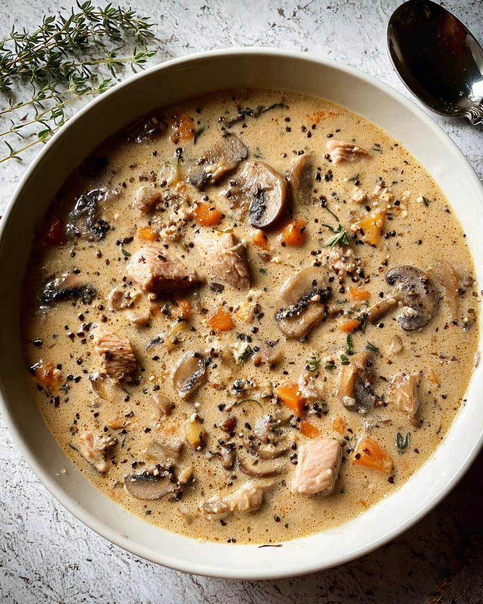 A white shallow bowl holds a thick creamy soup with visible chunks of light brown cooked meat, sliced mushrooms, and small diced orange and white vegetables mixed throughout. The soup is speckled with cracked black pepper and herbs, creating a textured surface. The background features a white marbled texture with a small sprig of fresh thyme and a silver spoon partially visible on the side. The overall look is warm, hearty, and richly seasoned photo taken with an iphone --ar 4:5 --v 7