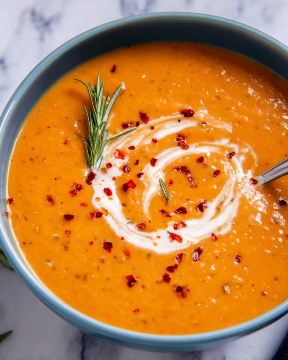 A white bowl filled with thick, orange creamy soup, with a smooth texture and tiny bits mixed in. A swirl of white cream is gently spread in concentric circles on top of the soup. There are small red chili flakes scattered over the surface and a sprig of fresh green rosemary placed near the edge. The bowl is set on a white marbled surface. photo taken with an iphone --ar 4:5 --v 7