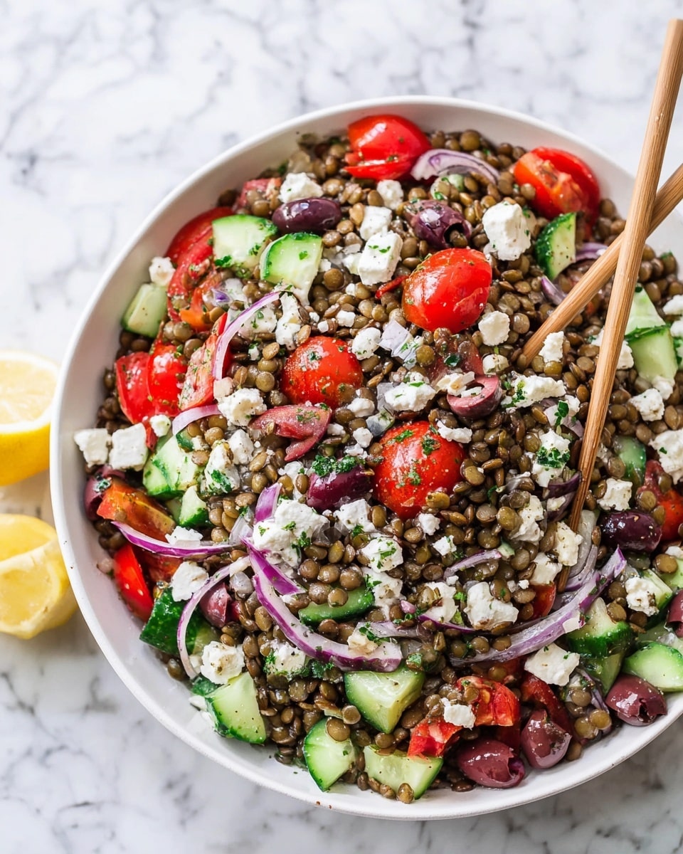 Lentil Salad with Cherry Tomatoes Cucumber Feta and Lemon Dressing Recipe - Recipe Image
