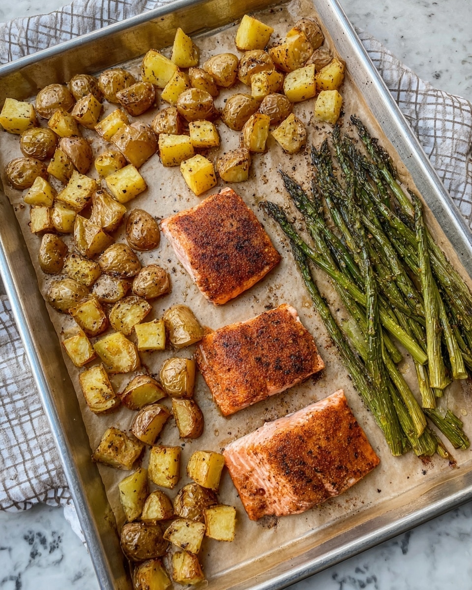 A white plate with a brown floral pattern holds a meal with three main parts: on the left, there are golden brown roasted potato chunks with a crispy outer layer, sprinkled with small green herb pieces; in the center, a cooked salmon fillet with a slightly crispy, reddish-brown crust, topped with finely chopped green herbs and a small lemon wedge; on the right, a bunch of grilled asparagus spears, dark green with some lightly charred spots, also sprinkled with chopped herbs. Two thin lemon slices rest beside the salmon. The plate is on a white marbled surface. photo taken with an iphone --ar 4:5 --v 7