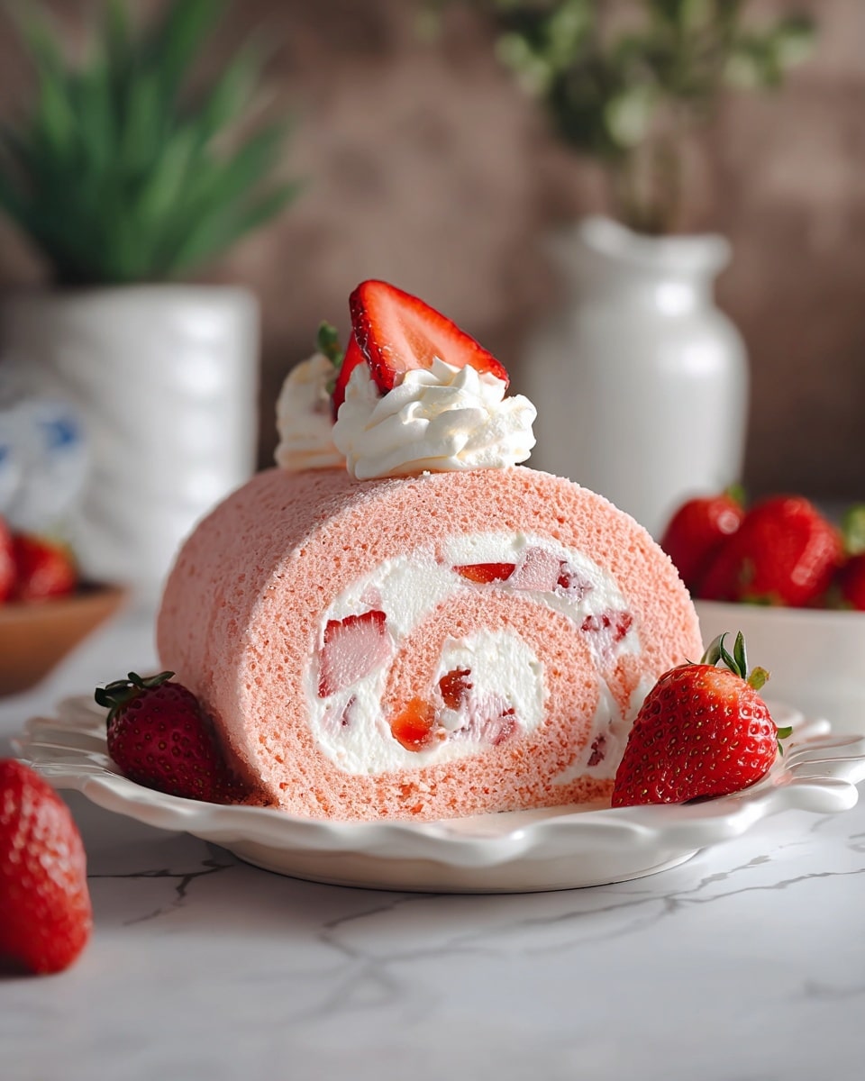 A pink roll cake is placed on a wooden board, showing a soft, light pink sponge forming the outer layer. Inside, a thick white cream layer filled with small strawberry pieces is rolled tightly. On top, dollops of white whipped cream are lined up, each topped with a whole or halved red strawberry with green leaves. Around the board, whole and halved fresh strawberries are placed on a white marbled surface. The background is softly blurred with some pots and plants visible. Photo taken with an iphone --ar 4:5 --v 7