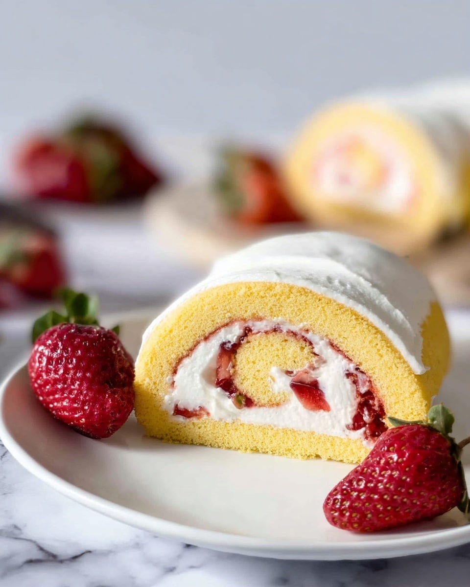 A close-up view of a rolled yellow sponge cake on a white plate, with a visible spiral layer of white cream and red strawberry pieces inside. The outer side of the roll is covered with a smooth white cream layer. Next to the cake roll are a few red strawberries with green leaves. In the soft-focused background, there are more strawberries and another piece of the rolled cake resting on a white marbled surface. The lighting is bright and natural, emphasizing the creamy textures and fresh fruits. photo taken with an iphone --ar 4:5 --v 7