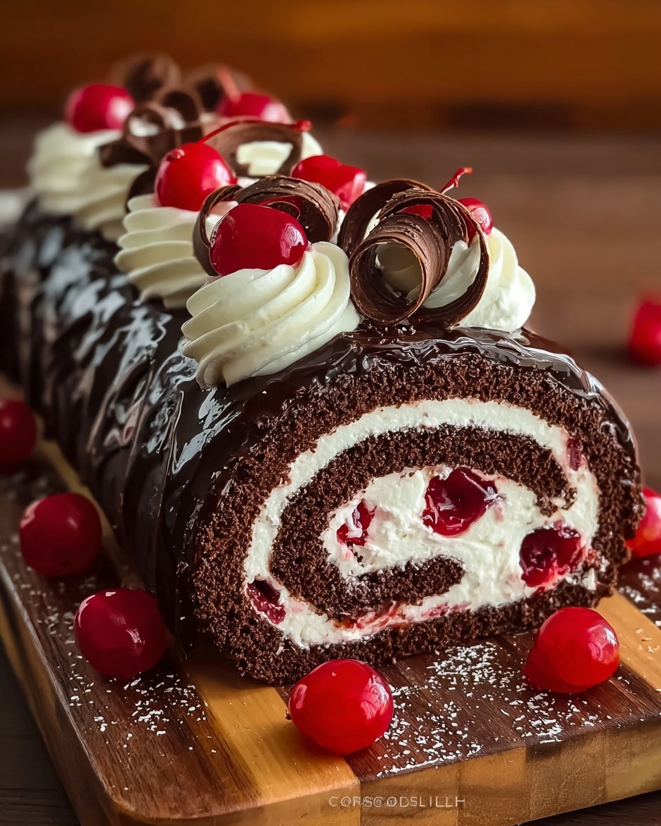 A rolled chocolate cake with three main visible layers spiraled inside: a thin dark chocolate cake layer, a thick white cream layer, and bright red cherry pieces scattered within the cream. The outside is covered in a dark shiny chocolate glaze. On top, there are white whipped cream swirls evenly spaced, each topped with a whole bright red cherry and curled chocolate pieces. Extra cherries are placed around the cake on the wooden board. The background is blurred with warm wood tones. Photo taken with an iphone --ar 4:5 --v 7