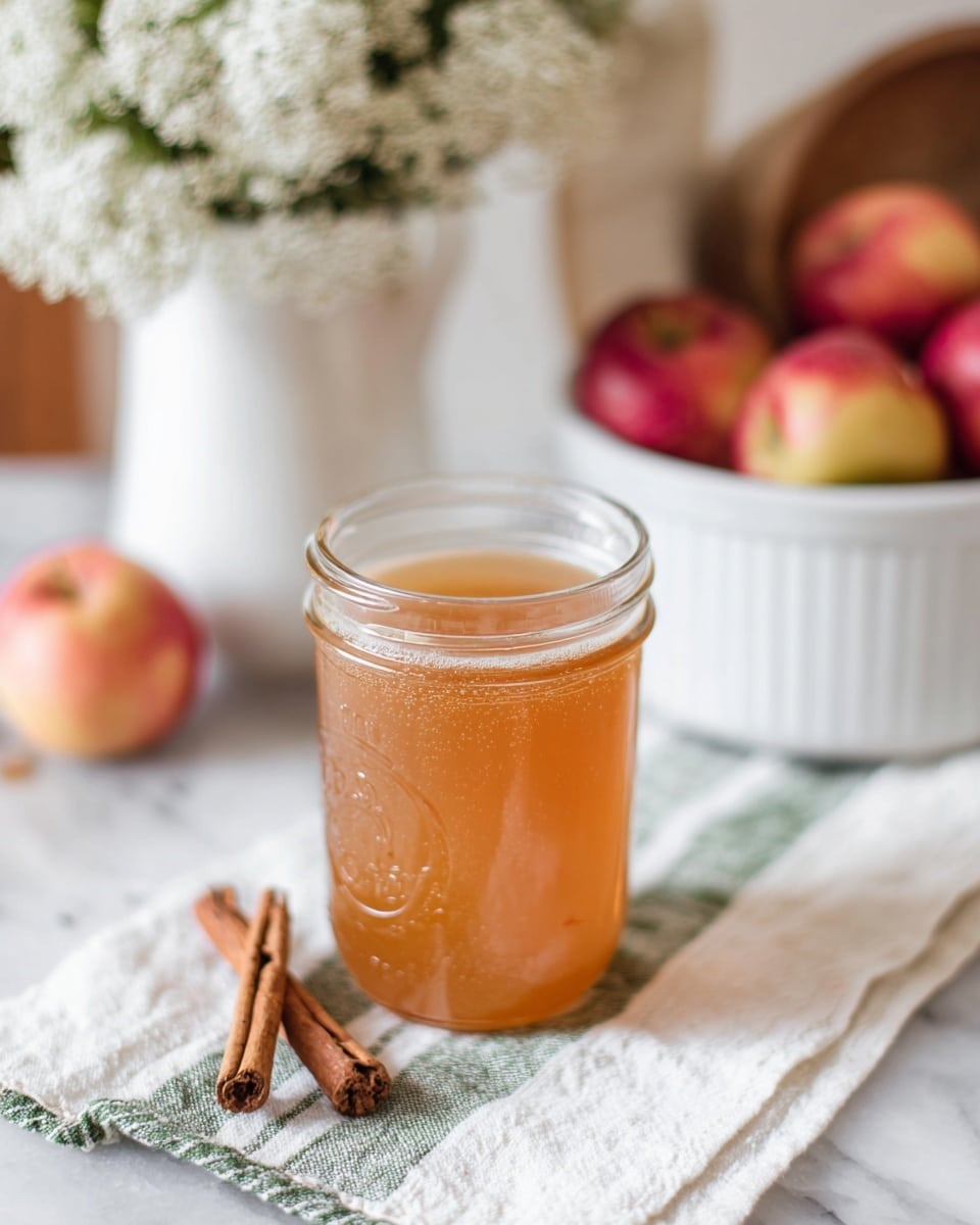 A clear glass mason jar filled with light brown apple cider, with the word 