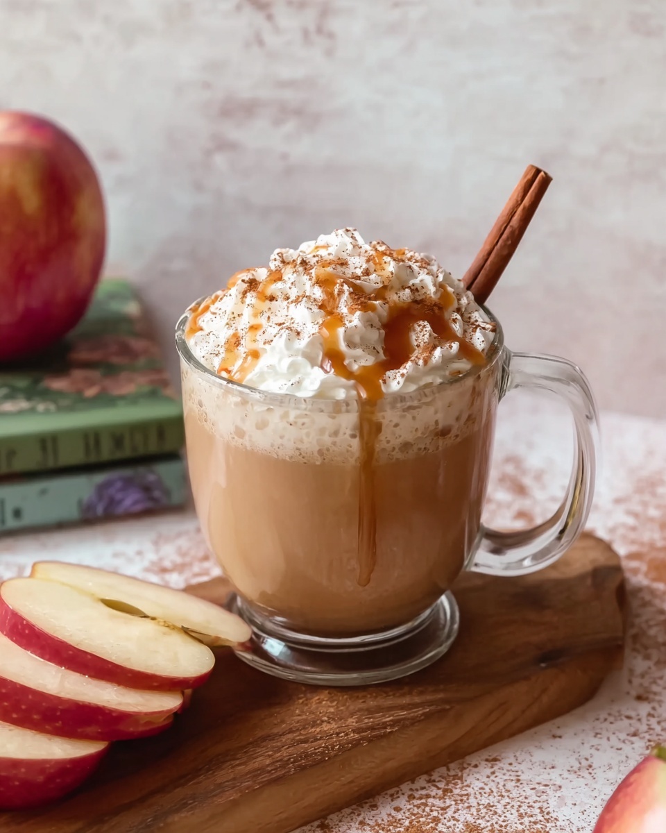 A clear glass mug filled with a light brown drink, topped with a thick layer of white whipped cream that has a caramel drizzle and a sprinkle of brown cinnamon powder. A long cinnamon stick leans inside the mug from the right side. The mug sits on a wooden board next to slices of a red and white apple. The background is a white marbled texture with some books in the top part of the image. Photo taken with an iphone --ar 4:5 --v 7