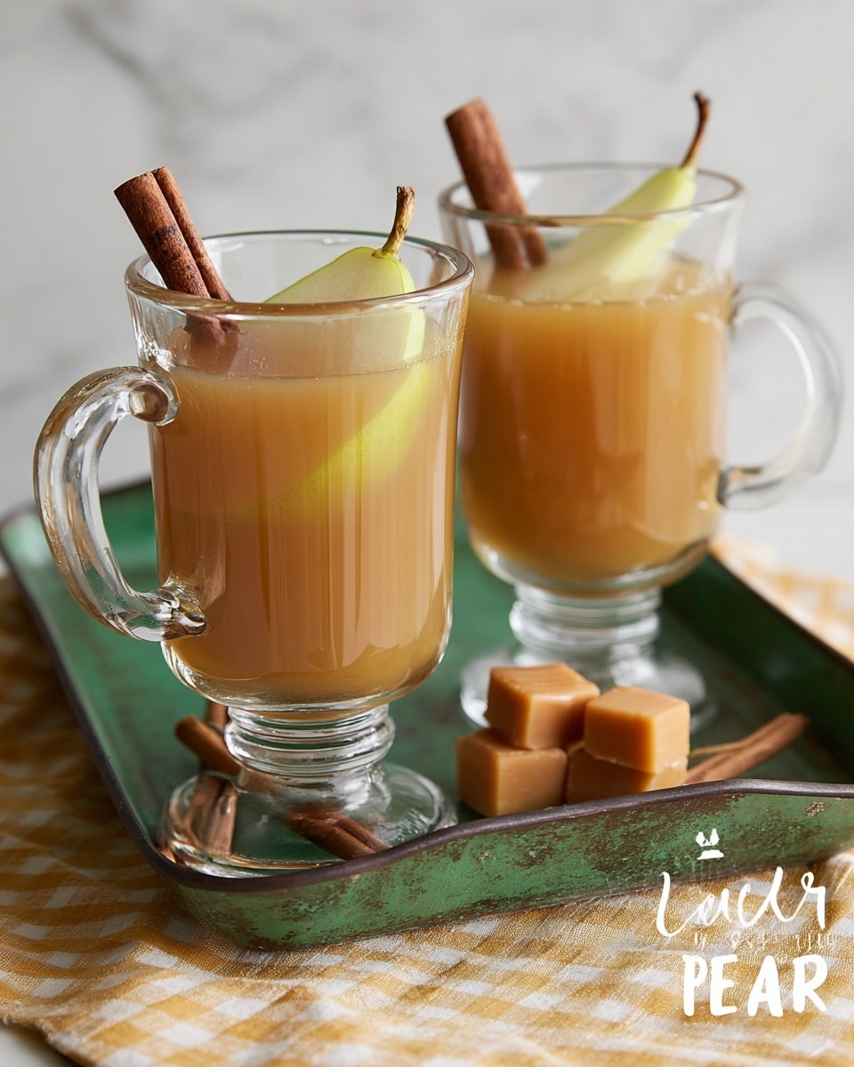 A clear glass mug holds a warm, light brown drink with a slice of green pear resting inside near the bottom and a whole cinnamon stick standing upright in the middle, with some cinnamon powder scattered on the surface. The mug sits on a green tray with a pear and two caramel pieces placed nearby, all on a white marbled surface. In the background, there is another glass mug filled with a similar drink and cinnamon stick, along with a green apple slightly out of focus. The overall scene gives a cozy, autumn feel. photo taken with an iphone --ar 4:5 --v 7