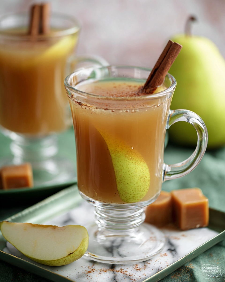 A clear glass cup filled with light golden brown liquid sits on a metal tray with a faded green color. A woman's hand holds a thin slice of yellow-red pear just above the cup, ready to dip it in. In the background, another glass cup with the same liquid and pear slice is slightly out of focus. On the tray near the cups are two cinnamon sticks and small brown caramel squares. Under the tray, there is a yellow and white checkered cloth. The scene is set on a white marbled surface and the photo looks soft with natural lighting. photo taken with an iphone --ar 4:5 --v 7