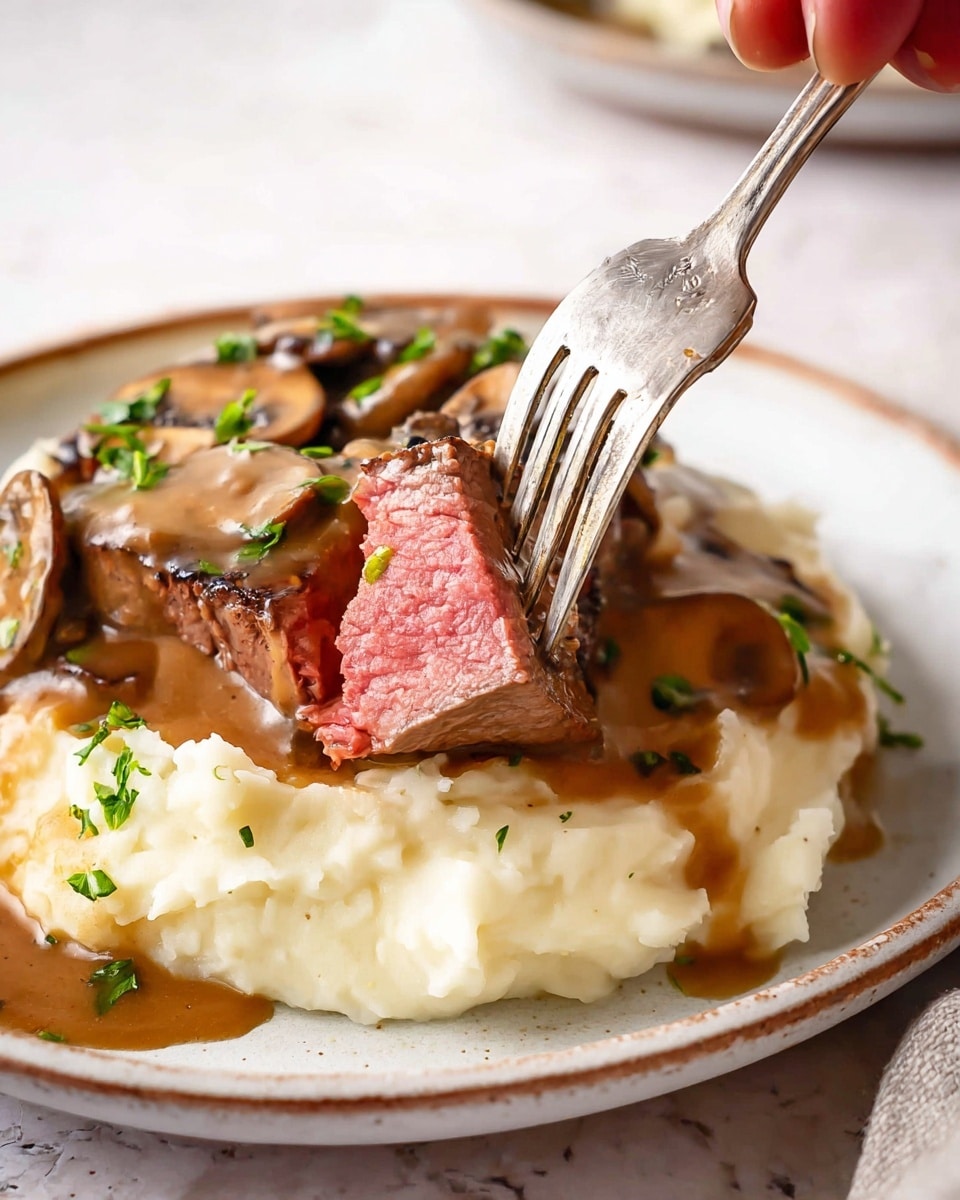 A white plate sits on a dark brown textured charger, placed on a white marbled surface. On the plate, there is a base layer of creamy, light mashed potatoes spread unevenly. On top sits a thick, brown cooked meat patty covered fully by a rich, glossy mushroom sauce that includes several sliced mushrooms coated in the sauce. The sauce has a smooth, thick texture with speckles of herbs and pepper. To the right side of the plate, bright green grilled asparagus spears are arranged neatly, showing a slight char. A silver fork lies at the bottom edge of the plate, partially resting on the mashed potatoes and sauce with some sauce spilled slightly around. The dish is garnished with finely chopped green herbs photo taken with an iphone --ar 4:5 --v 7