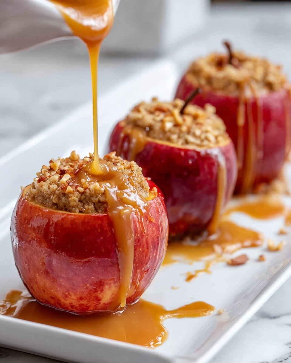 Three baked red apples are arranged in a row on a white rectangular plate placed on a white marbled surface. Each apple has a hollowed top filled with a crumbly, light brown mixture, sprinkled with small nut pieces. A thick golden caramel sauce is being poured onto the front apple, dripping down its sides and pooling on the plate around it, leaving a shiny, sticky glaze. The second and third apples also have caramel sauce dripping down their sides, but less prominently. The background is softly blurred to keep focus on the apples. Photo taken with an iphone --ar 4:5 --v 7