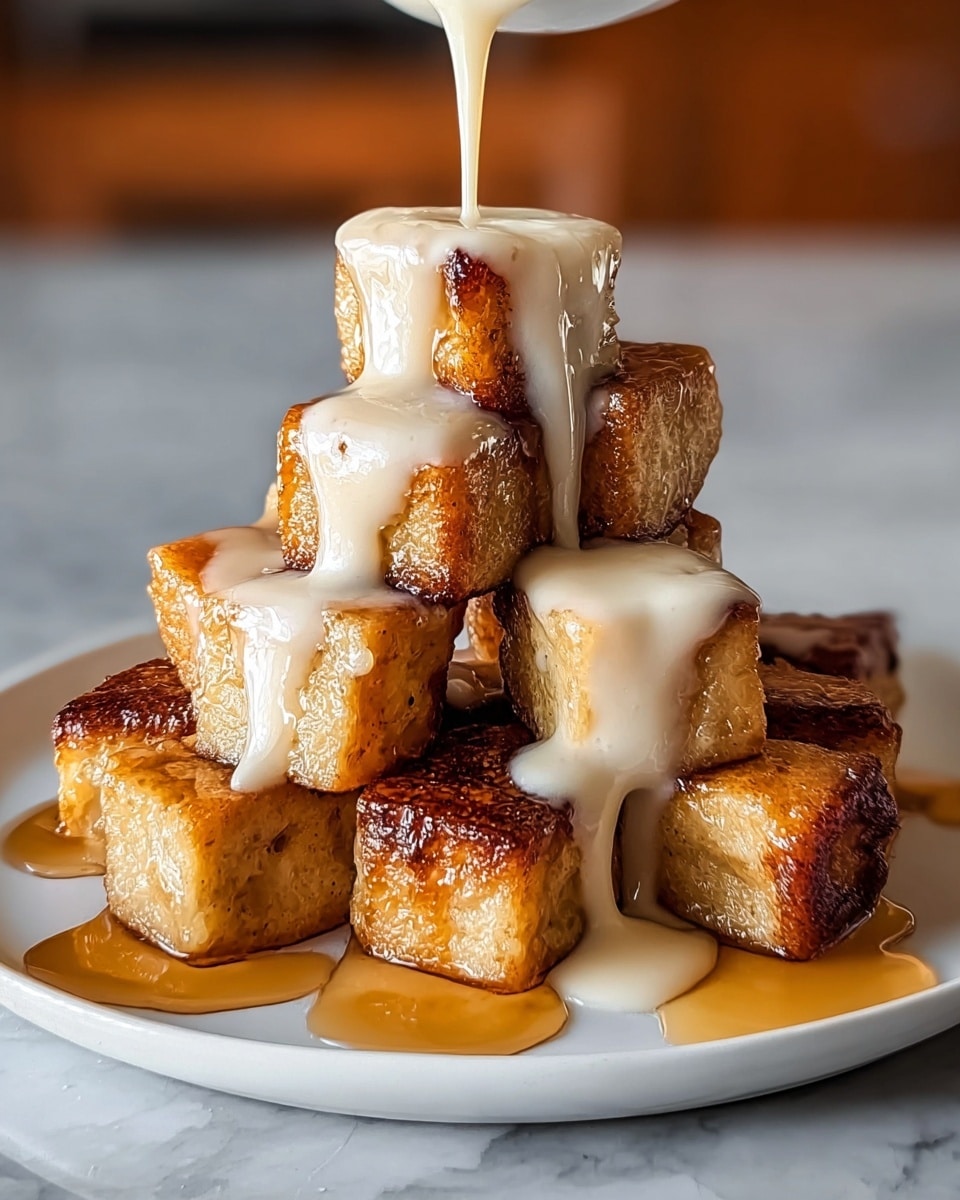 A white plate holds a pile of golden-brown cubes that look crispy on the outside and soft inside, stacked about three layers high. Thick, creamy white sauce is being poured over the top cubes, slowly dripping down over the sides, mixing with a light amber syrup pooling around the base on the white marbled surface beneath the plate. The cubes have a slightly rough texture with some darker browned spots showing a cooked, warm look. Photo taken with an iphone --ar 4:5 --v 7
