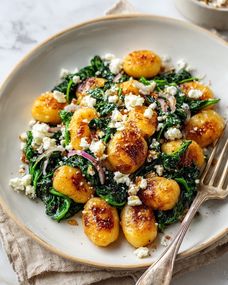 This image shows a white plate filled with golden-brown gnocchi that have a crispy texture on the outside. The gnocchi are layered on wilted dark green spinach leaves that add a soft and slightly shiny texture. On top, there are small pieces of white crumbled cheese scattered across the dish adding contrast to the colors. The plate sits on a beige cloth with part of a fork visible on the right side. The background is a white marbled surface photo taken with an iphone --ar 4:5 --v 7