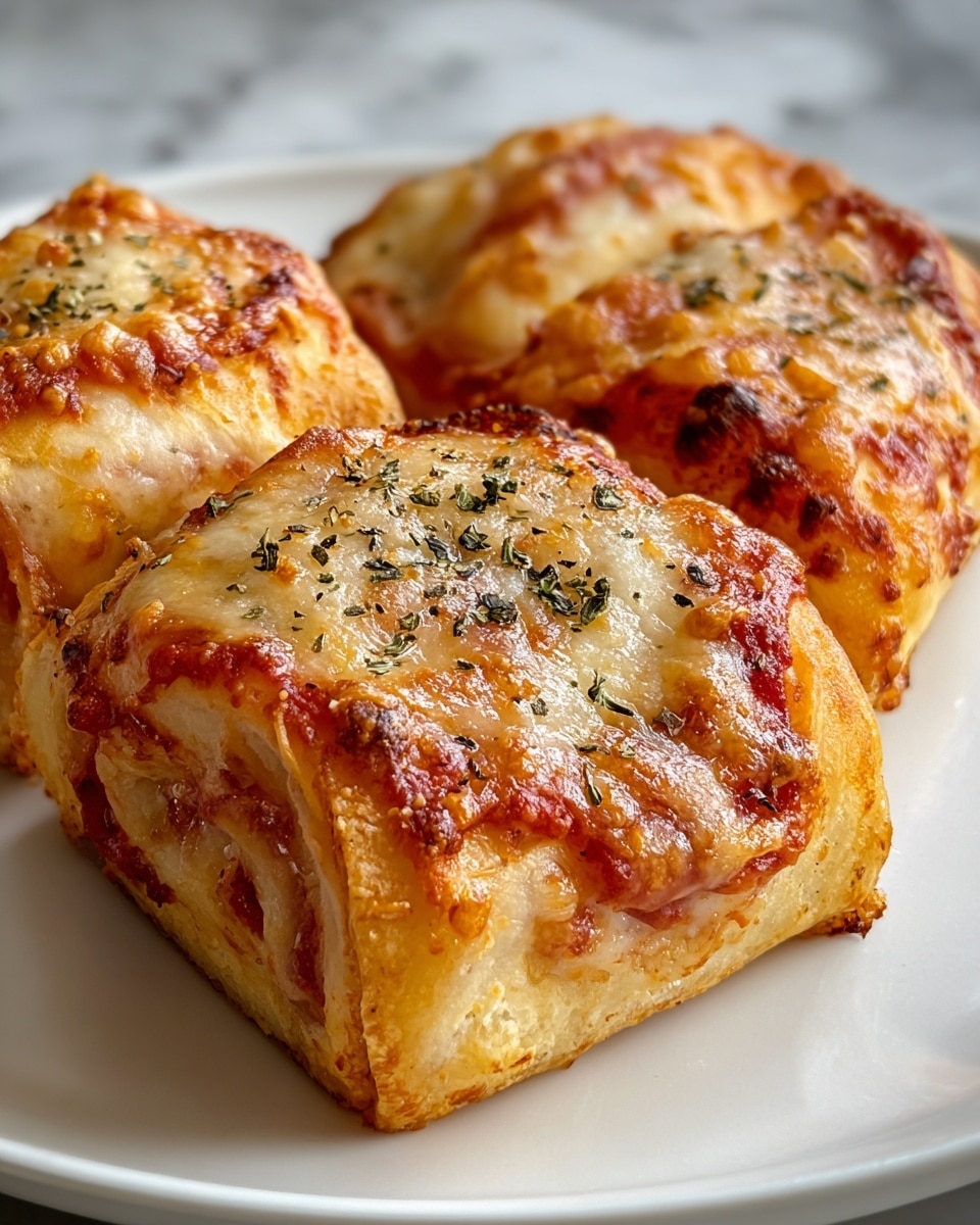 The image shows three small rectangular pizza rolls on a white plate. Each roll has a golden-brown, crispy outer crust with melted, bubbly cheese on top, sprinkled with dried herbs. The crust looks light and flaky with visible layers. The inside shows a hint of tomato sauce and melted cheese peeking through the edges. The rolls are placed closely together on a white marbled surface. photo taken with an iphone --ar 4:5 --v 7