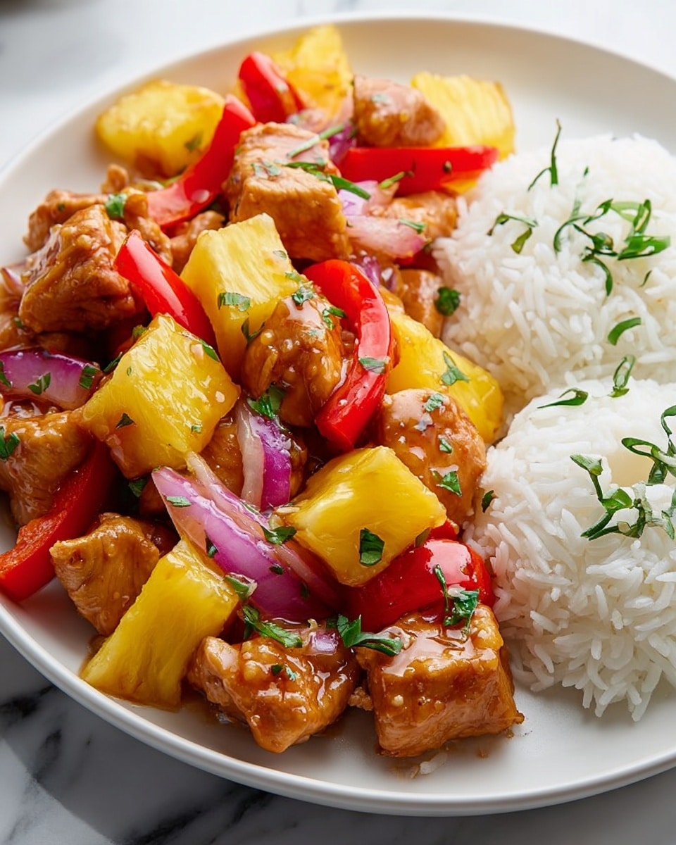 A white plate sits on a white marbled surface, filled halfway with a mound of plain white rice topped with small green herb leaves and black and red spice flakes. Next to the rice is a colorful stir fry with three layers: bite-sized pieces of golden brown cooked chicken, bright yellow pineapple chunks, and scattered red bell pepper slices, all mixed with thin purple onion strips and small green herb leaves. The stir fry glistens with a shiny sauce, and some black sesame seeds are sprinkled on top. Photo taken with an iphone --ar 4:5 --v 7