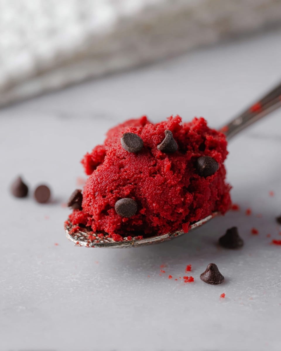 A close-up of a silver spoon holding a bright red dough with a grainy texture, scattered with small dark brown chocolate chips on top and around it. The spoon rests on a white marbled surface with soft natural light highlighting the vibrant red color and the slight roughness of the dough. In the background, part of a white textured surface is blurred but visible. Photo taken with an iphone --ar 4:5 --v 7