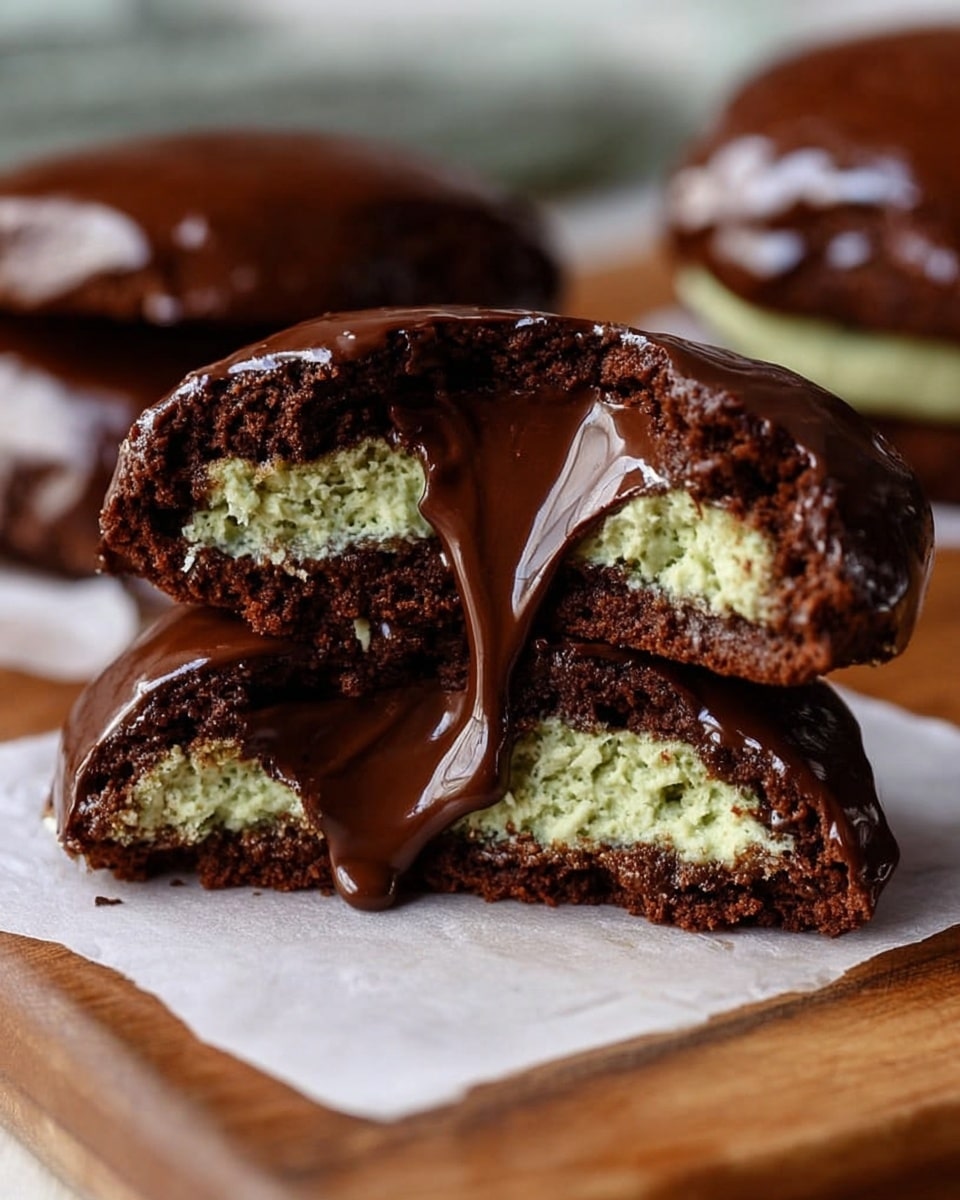 Two pieces of a chocolate cookie sandwich are held between a woman's fingers, showing three layers: the outer edges are dark brown and textured like a soft baked cookie, the middle is filled with a creamy, shiny light green filling that looks smooth and slightly stringy. The cookie sandwich is drizzled in glossy dark brown chocolate sauce, mainly on the edges. In the background, there is a white bowl with thin light brown strands and more chocolate cookies with green drizzle on a white marbled surface. photo taken with an iphone --ar 4:5 --v 7