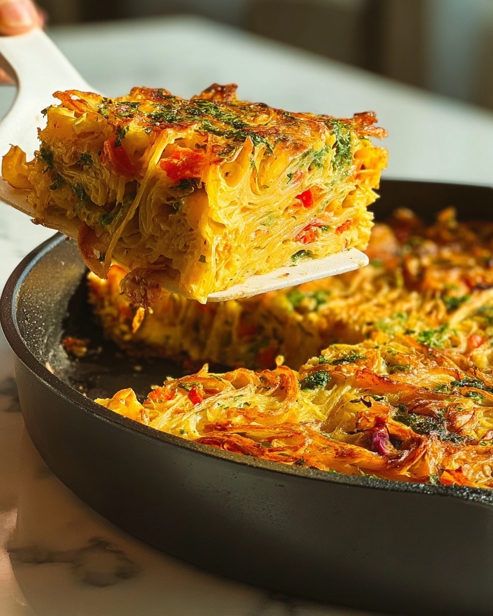 The image shows a close-up of a golden-yellow baked dish with many thin, crinkled layers that look soft and slightly crispy. The dish has colorful bits of green herbs and small pieces of red and orange vegetables mixed throughout the layers, adding texture and brightness. A woman’s hand holds a white spatula lifting a square piece from a black pan, revealing the thick, layered inside that looks fluffy and moist. The background is a white marbled texture. photo taken with an iphone --ar 4:5 --v 7