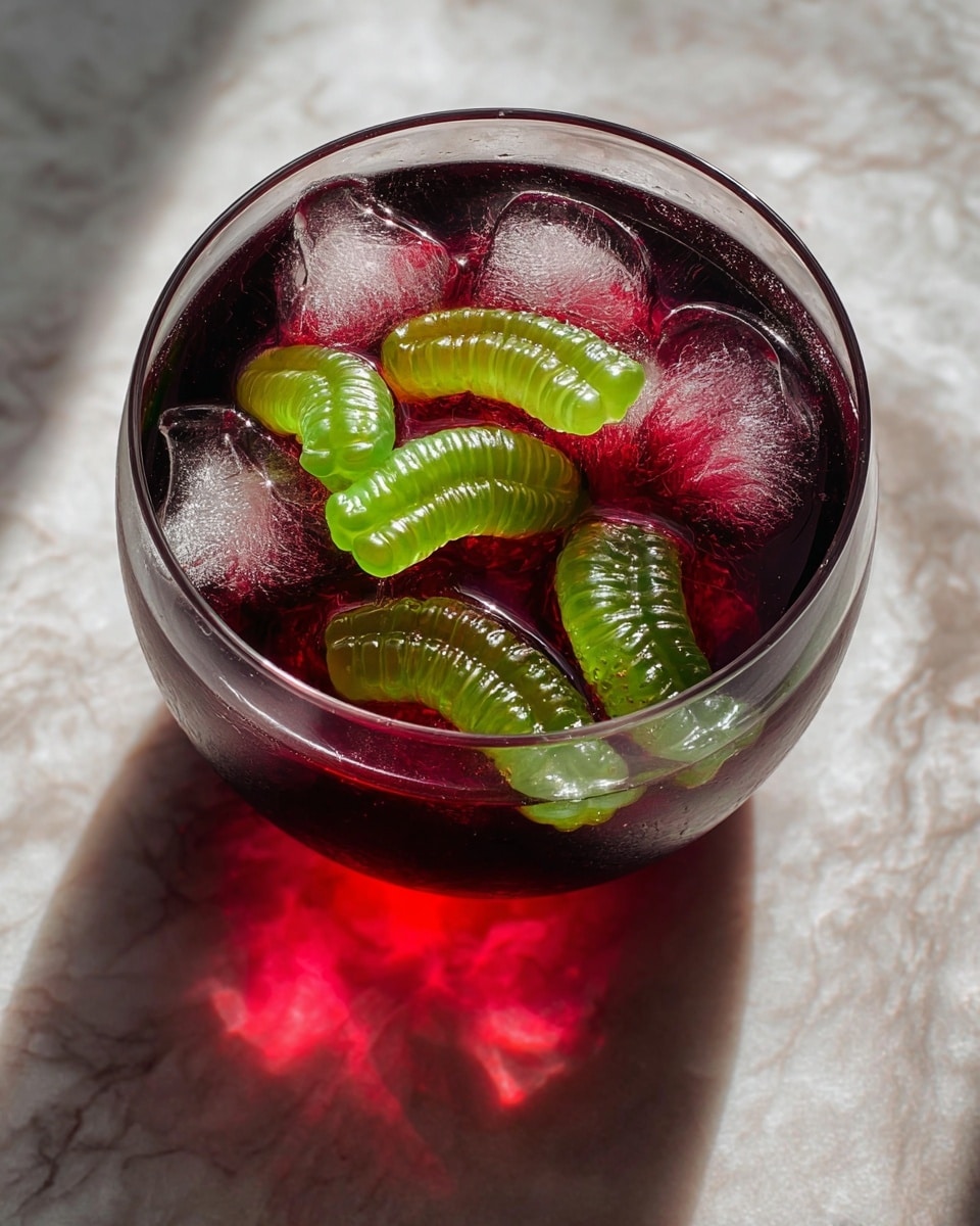 A clear glass filled with layers of bright purple liquid and ice cubes, topped with several shiny, green gummy worms placed on the surface, sitting on a white marbled surface with natural light casting soft shadows around it, photo taken with an iphone --ar 4:5 --v 7