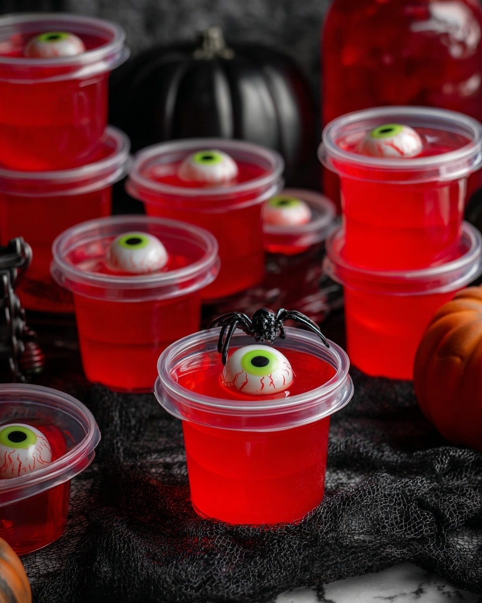 Several clear plastic cups filled with bright red jelly are stacked and arranged on a dark textured cloth, with some lids sealed on top. Inside the jelly of four cups sit round, white eyeball-shaped candies with green irises and red veins, placed near the surface. One cup has a plastic black spider resting on its lid. The background includes dark objects, a red jar, and a black pumpkin, all on a white marbled texture. The lighting is soft, highlighting the shiny jelly and making the colors stand out. photo taken with an iphone --ar 4:5 --v 7