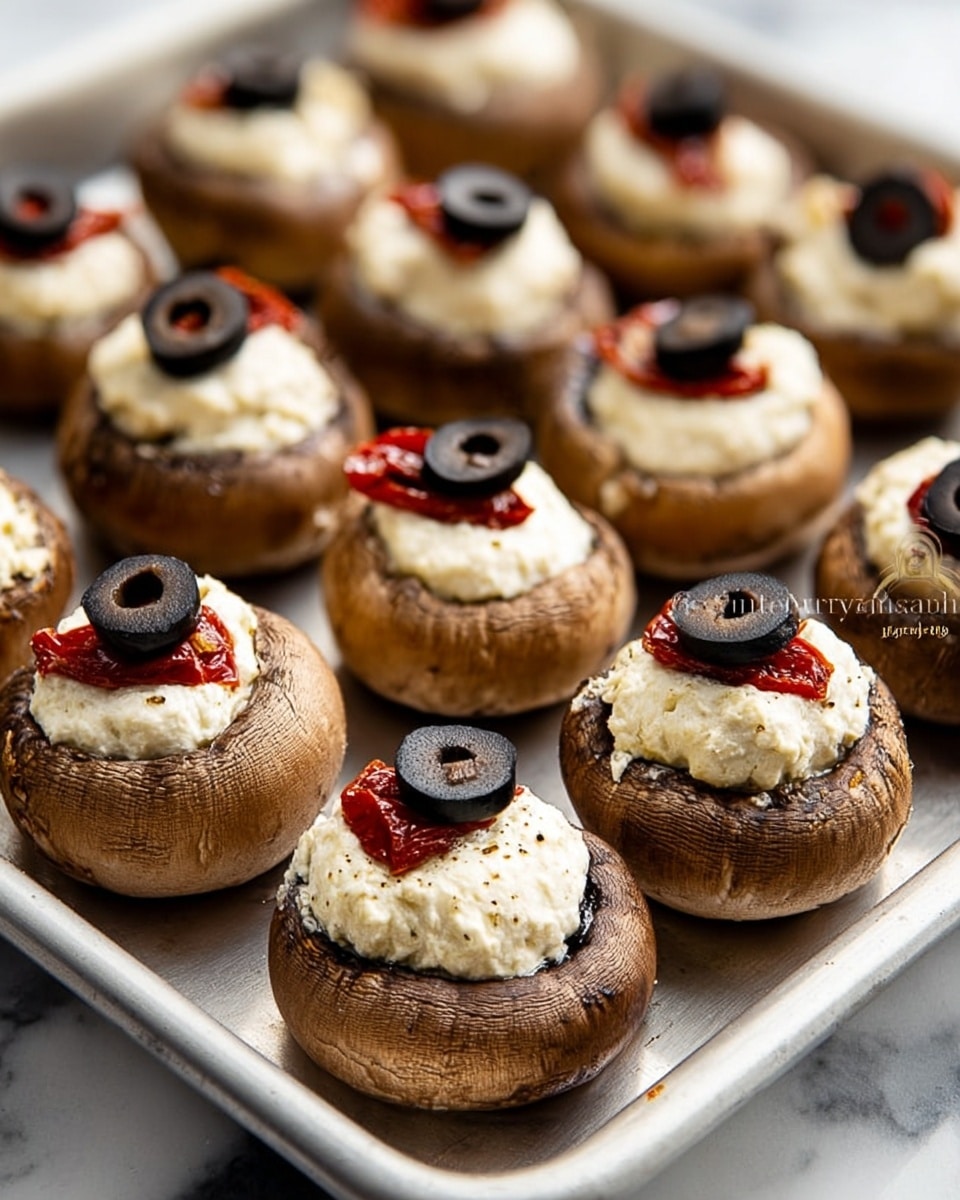 The image shows a black plate with eight stuffed mushrooms. Each mushroom has a brown textured cap filled with a smooth, white cream. On top of the cream, there is a slice of black olive, and thin pieces of red pepper are placed around the cream, adding color contrast. The plate sits on a red velvet cloth, and the background is a white marbled surface. In the background, a glass jar contains more stuffed mushrooms, and blurred blue flower decorations and an orange Halloween pumpkin add mood. Photo taken with an iphone --ar 4:5 --v 7