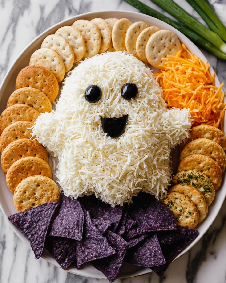 A white plate is filled with a ghost-shaped cheese ball covered in shredded white cheese. Two black olives form the eyes, and a small curved piece of black olive creates the mouth, giving the ghost a cute face. Surrounding the ghost are three types of crackers arranged in arcs: on the left, round beige crackers; at the top, square golden crackers with herbs; on the right, round golden crackers with herbs. At the bottom of the plate, deep purple tortilla chips form a base under the ghost shape. To the upper right corner, there are fresh green onions and shredded orange cheese on a white marbled surface. photo taken with an iphone --ar 4:5 --v 7