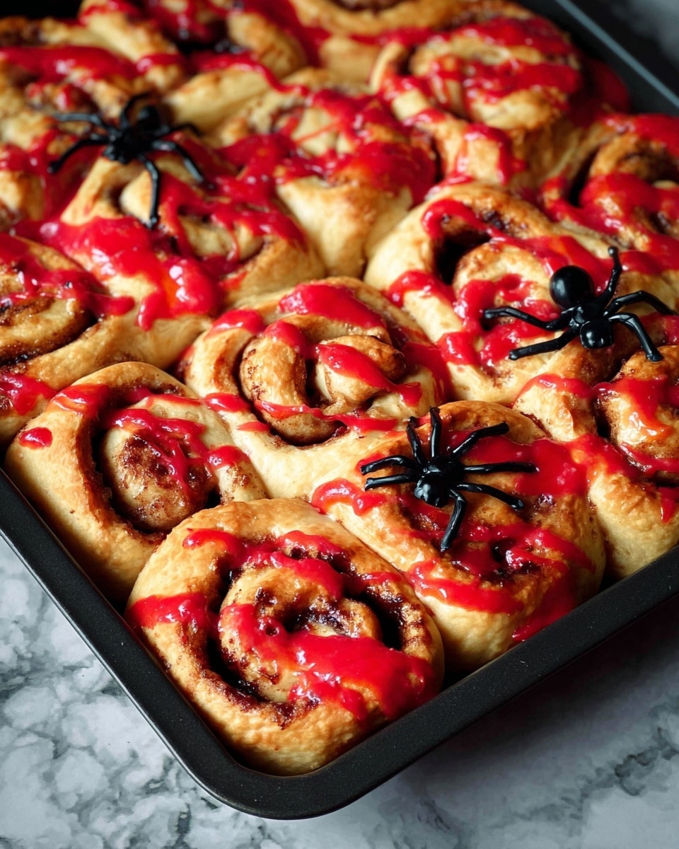 A tray filled with soft, golden-brown cinnamon rolls arranged closely in two rows, each roll showing a spiral texture with visible cinnamon swirls inside. Bright red icing is drizzled over the top of the rolls unevenly, creating a vibrant contrast against the light dough. Two small, black plastic spiders sit on the rolls, adding a spooky decorative touch. The tray is dark-colored, set against a white marbled surface in the background. photo taken with an iphone --ar 4:5 --v 7