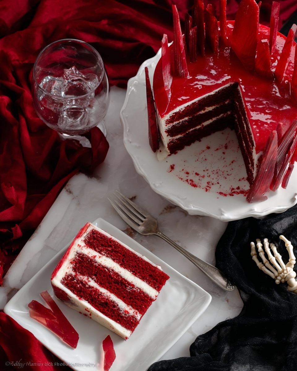 A slice of red velvet cake with four thick layers of deep red cake separated by three smooth, white cream layers rests on a white rectangular plate. The slice is covered with a shiny red glaze that runs down the sides. In the background, the remaining cake is on a white scalloped plate, showing the same red and white layers with a glossy red topping and thin red decorations standing upright. The scene includes a red velvet cloth under the plates and pieces of clear, broken glass scattered on a black cloth with faint white sketches. A woman's hand reaches toward the main cake from the top left corner. Photo taken with an iphone --ar 4:5 --v 7