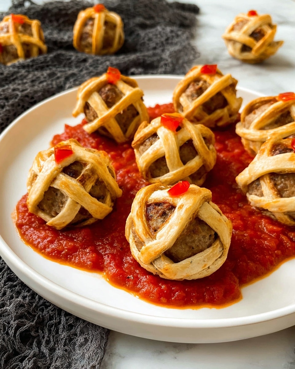 The image shows a small round meatball covered with a thin lattice of golden brown baked dough, held between a woman's hand's thumb and forefinger. The dough strips are arranged in a crisscross pattern on top of the meatball, with two small pieces of red pepper on top, resembling eyes. In the background, more meatballs with the same lattice pattern rest on a white plate partially covered with thick red sauce. The setting features a white marbled surface underneath the plate. The overall look is warm and inviting, with a close-up focus on the held meatball giving a textured detail of the meat and dough. Photo taken with an iphone --ar 4:5 --v 7
