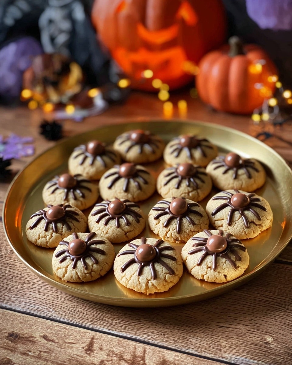 A long white oval plate holds ten light brown round cookies, each decorated to look like a spider. Each cookie has a center cluster of three chocolate spheres, with tiny white eyes on the front sphere. Dark brown lines radiate outward from the center spheres, resembling spider legs. The plate is placed on a wooden surface scattered with small Halloween decorations including orange pumpkin-shaped lights and black spiders, with a blurred orange pumpkin decoration in the background. photo taken with an iphone --ar 4:5 --v 7