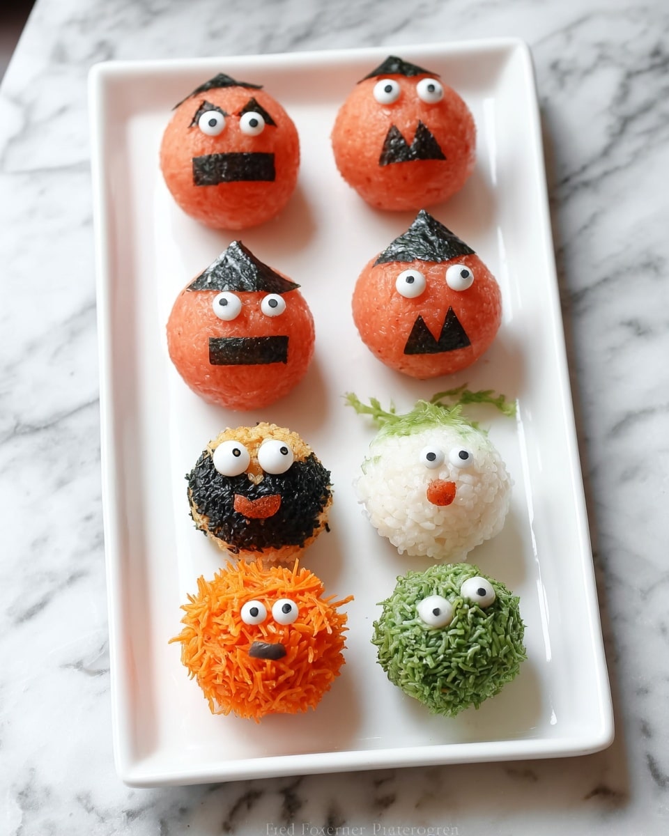 The image shows a white rectangular plate with ten round tomato balls arranged in four rows. The first row has three plain red tomato balls. The second row has two tomato balls decorated to look like jack-o'-lanterns with black sesame seed faces. The third row has four decorated tomato balls: one covered with shredded orange carrot and two small white eyes, one covered with shredded green herbs and two small white eyes, one covered with black sesame seeds and two small white eyes, and one partially peeled back to show white rice inside. The fourth row has one tomato ball covered with shredded orange carrot and small white eyes, and one covered with shredded green herbs and one white eye. The plate is set on a white marbled surface with a red cloth visible on the side. photo taken with an iphone --ar 4:5 --v 7